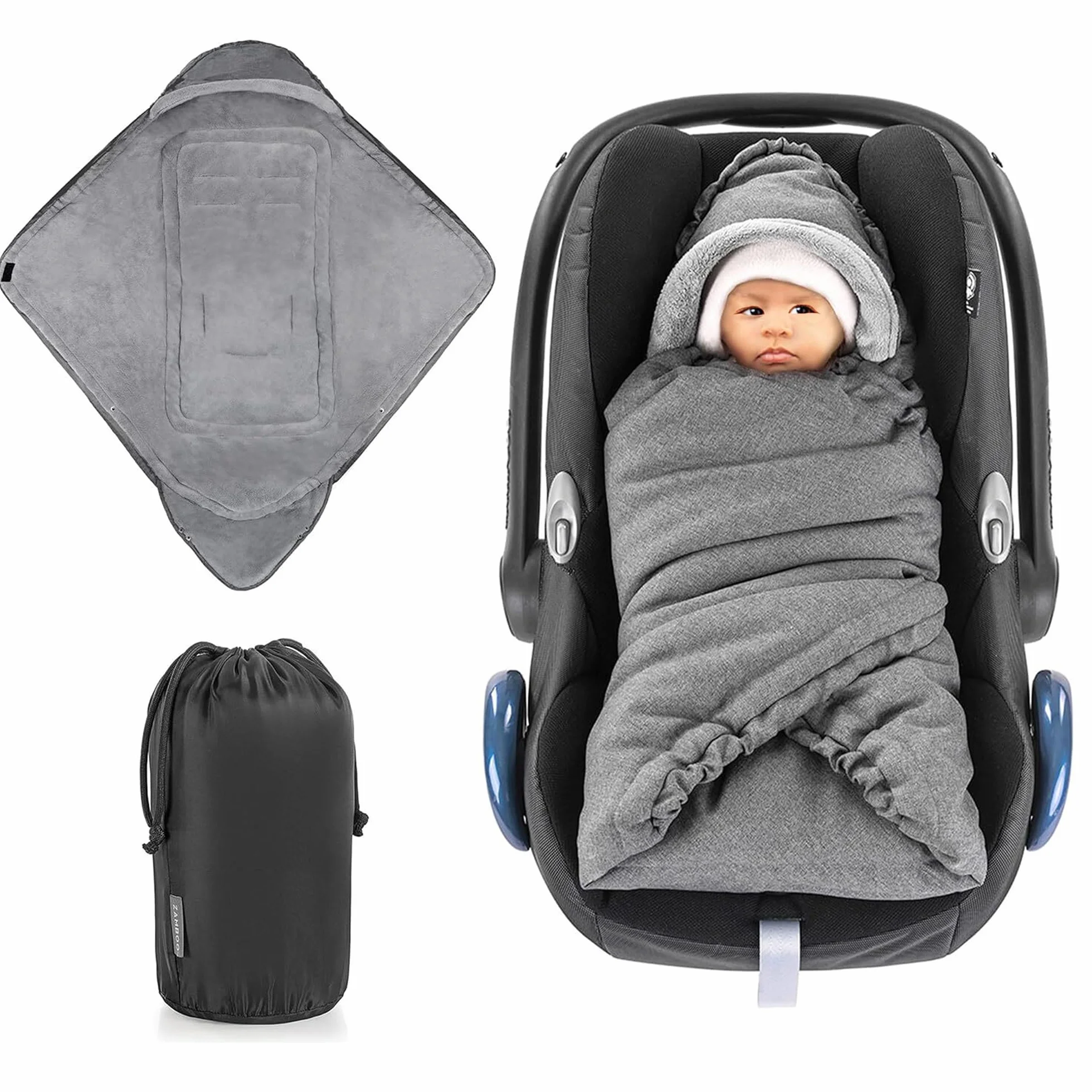 Zamboo Einschlagdecke für Babyschale und Kinderwagen - Thermo Fleece Grau