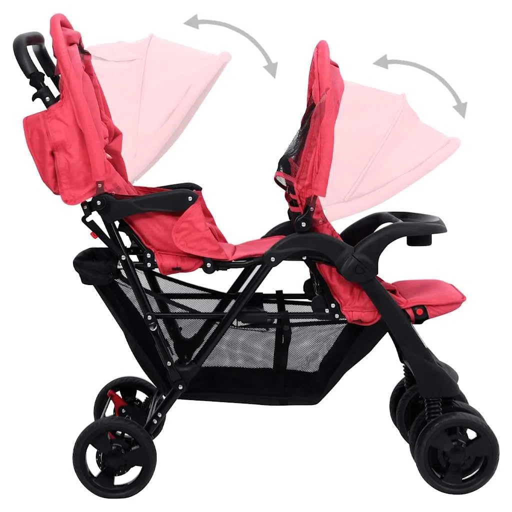 vidaXL Geschwisterwagen Klappbares Design Zwillingswagen Kinderwagen Baby Kinder Buggy Zwillingsbuggy Kinderbuggy Reisebuggy Rot Stahl