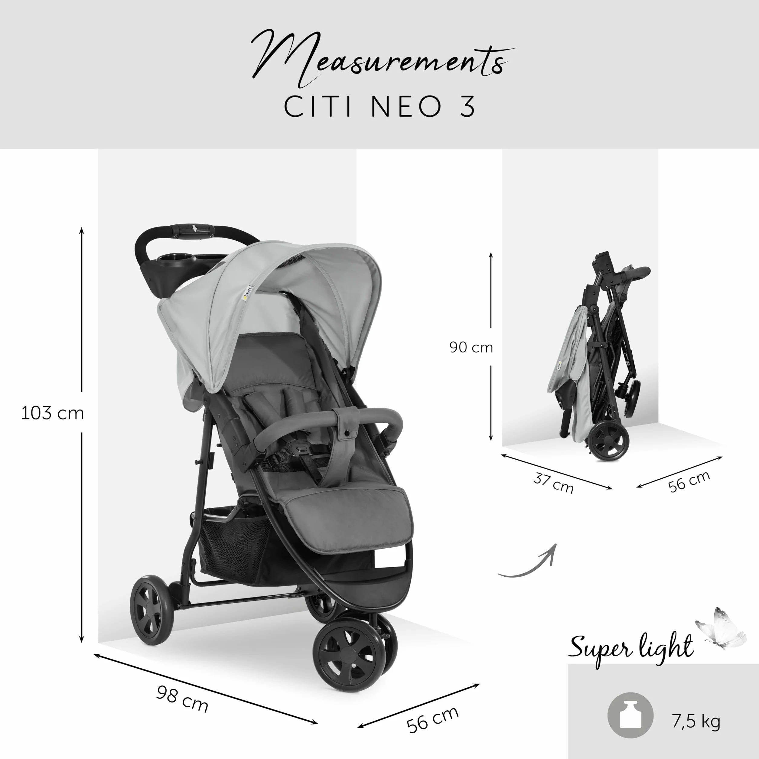 hauck Citi Neo 3, Grau - Dreirad Kinderbuggy ab Geburt bis 22 kg mit Liegefunktion, Becherhalter, Tasche im Verdeck, XL Korb bis 3 kg, Einhändig Zusammenklappbar, Leicht - 7,3 kg