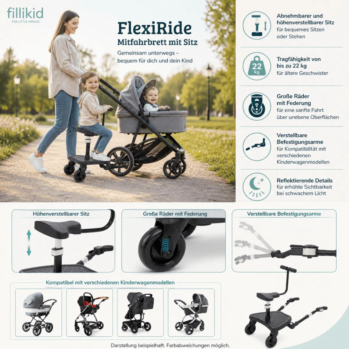 Fillikid FlexiRide Exklusiv Mitfahrbrett mit Sitz | Universal Kinderwagen Board mit Abnehmbarem Sitz | Rutschfestes Buggy Board mit Federung | Verstellbar & Klappbar | bis 22kg