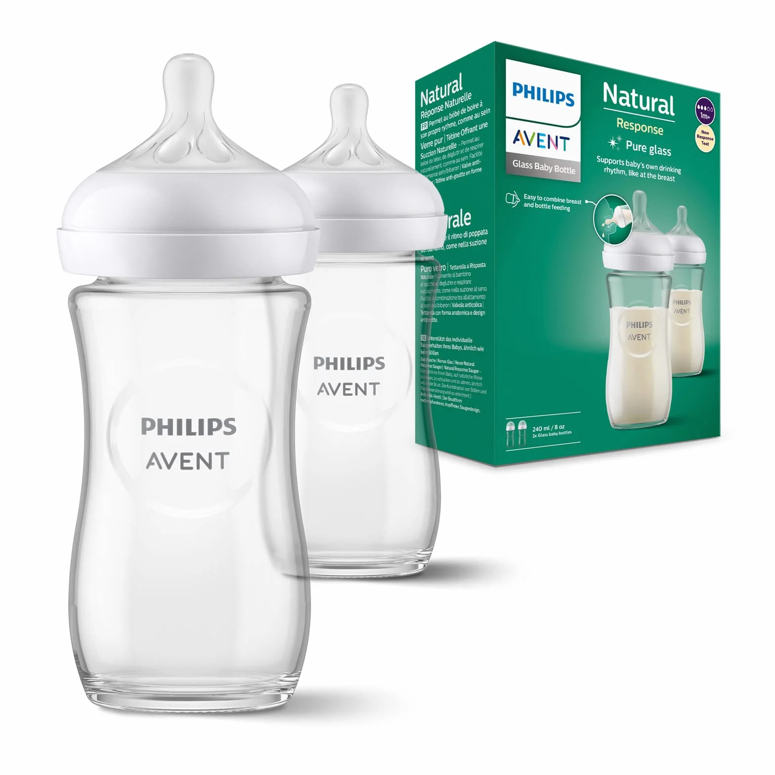 Philips Avent Babyflaschen Natural Response aus Glas – 2x Babyflasche, 240 ml, BPA-frei, für Neugeborene ab 1 Monat (Modell SCY933/02) & Avent Flaschen- und Saugerbürste (Modell SCF145/06)