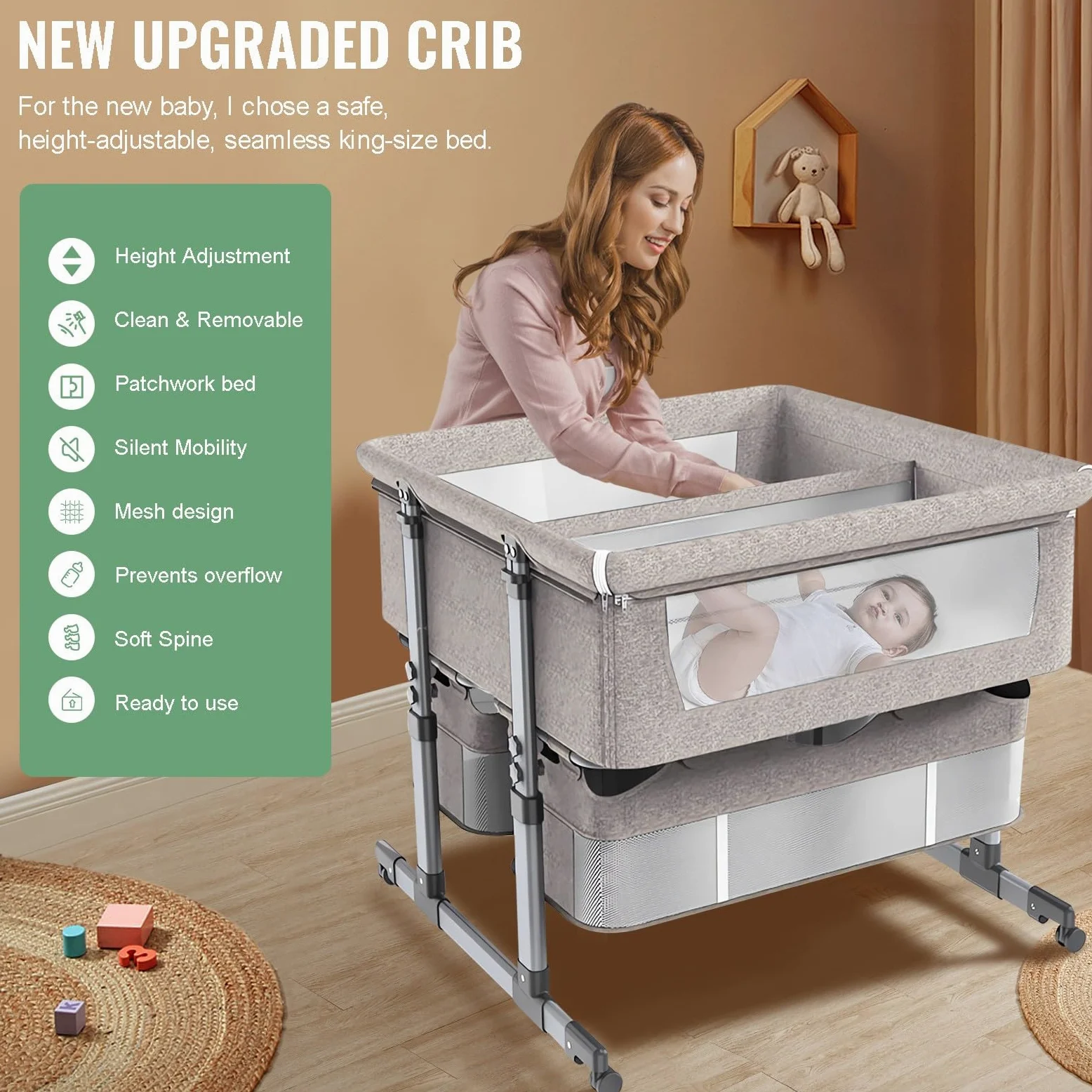 Zwillingsbett Für 2 Babys,Babybett Für Zwillinge,Stubenwagen Für Zwillinge,Zwillingsbett Next to Me,6-Fach Höhenverstellbar,Leicht Zusammenklappbares Schlafbett,Tragbares Babybett