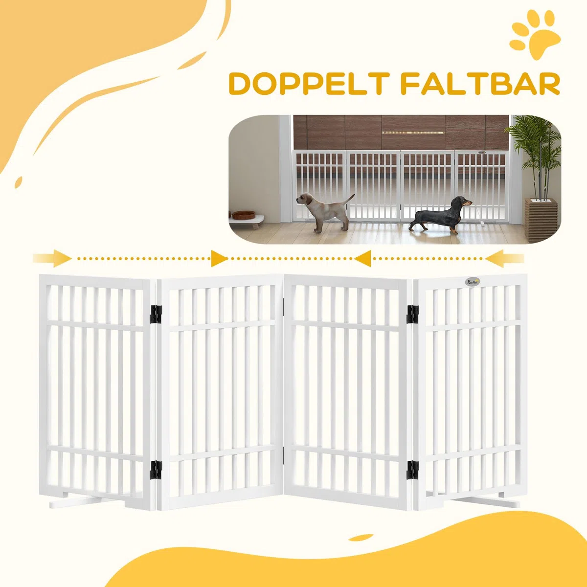 PawHut Absperrgitter Hund Freistehend für Kleine Hunde 61 x 183 cm Weiß | Schutzgitter mit 2 Stützfüßen, 4 Paneelen, Holz Hundegitter Klappbar, Treppen, Türen, Treppengitter, Absperrungsgitter
