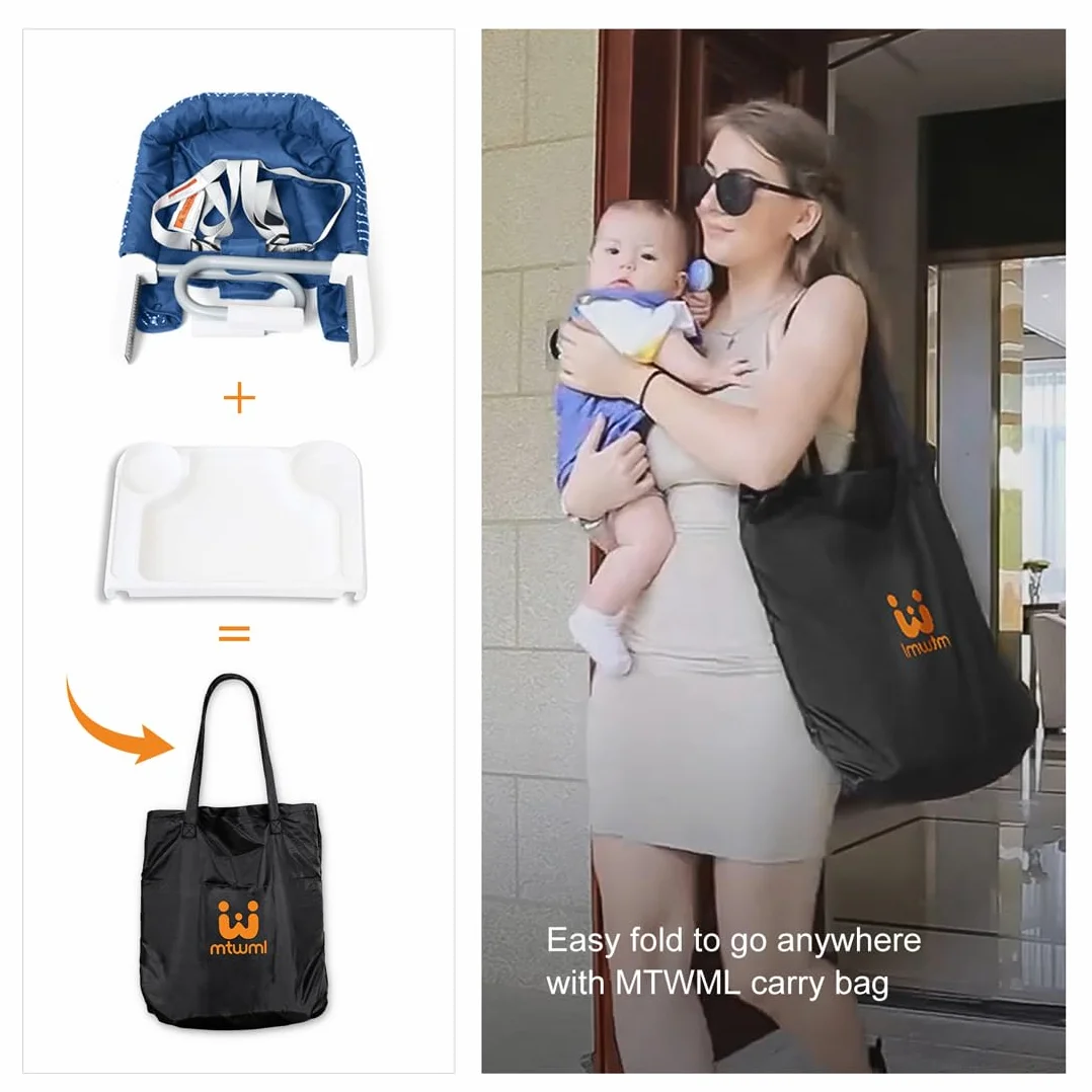 MTWML Tischsitz Baby mit Abnehmbarem Tablett, Tragbarer Hochstuhl zum Anklippen für Babys Kleinkinder, Faltbarer Reisehochstuhl mit 5-Punkt-Gurt, Tragetasche für Esstisch Unterwegs(Streifen-Blau)
