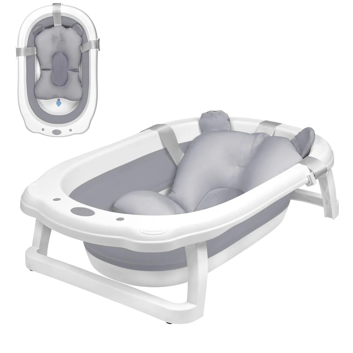 Faltbare Baby Badewanne, klappbare Babybadewanne, Rutschfeste Tragbare Reisedusche Badebecken mit rutschfester und Ergonomischem Kissen für Neugeborene bis Kleinkinder, Anthrazit