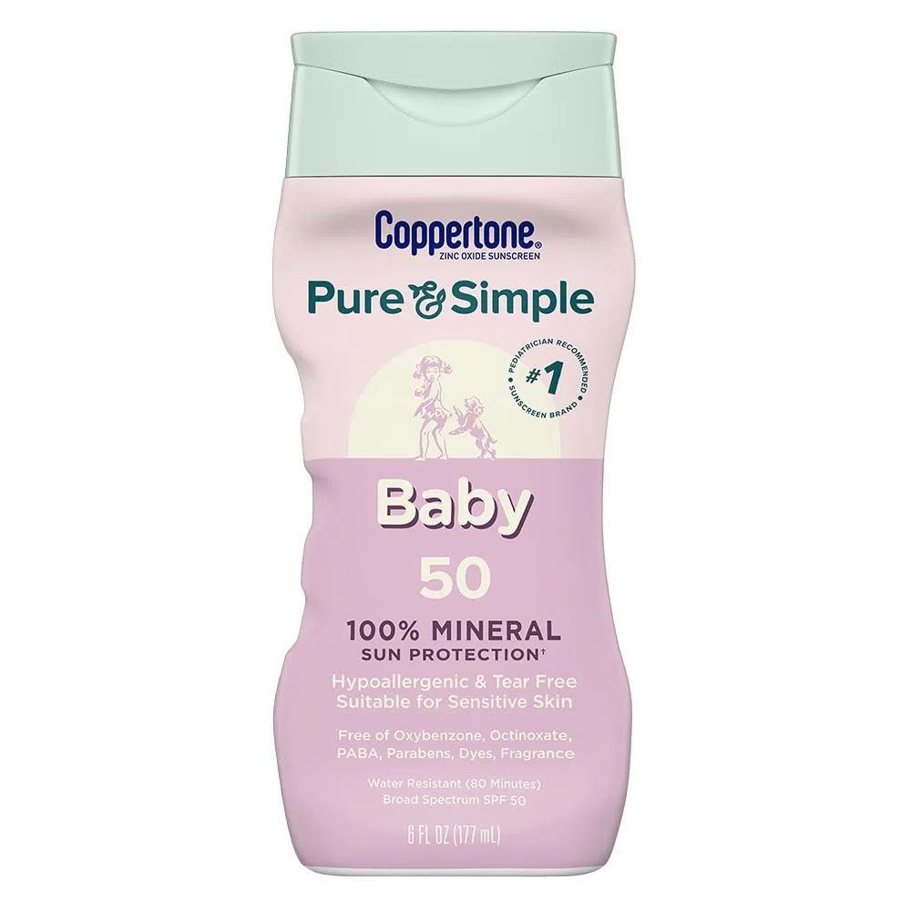 Coppertone Pure and Simple Baby Sonnenschutzlotion LSF 50, Zinkoxid, mineralischer Sonnenschutz für Babys, hypoallergen und reißfrei, 180 ml Flasche