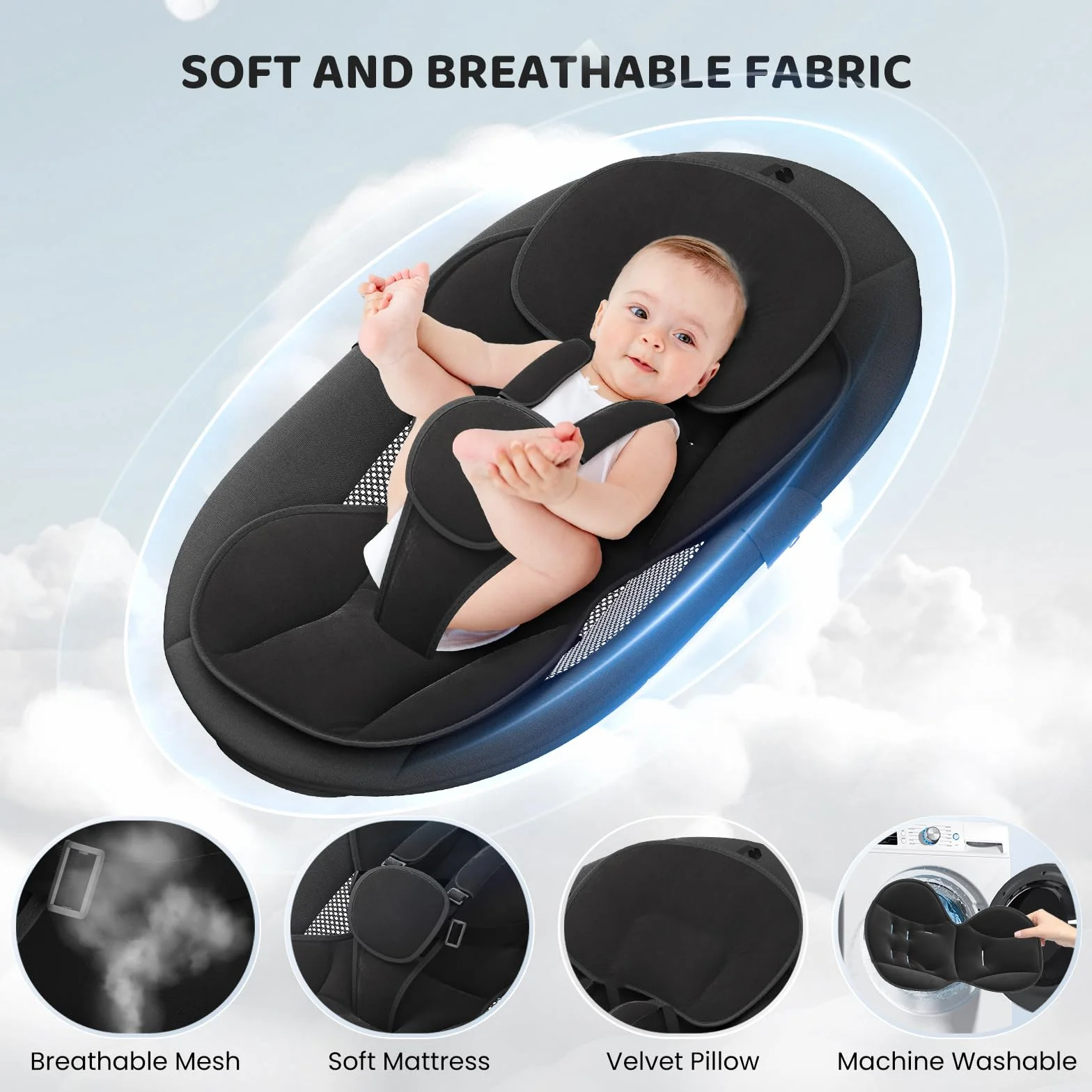 Babywippe Elektrisch - App & Fernbedienung Babyschaukel Elektrisch Mit 3 Timer, 5 Schaukelgeschwindigkeiten, 10 Musik, Bluetooth Verbindung Weich Gepolstert Baby Wippe (Schwarz)