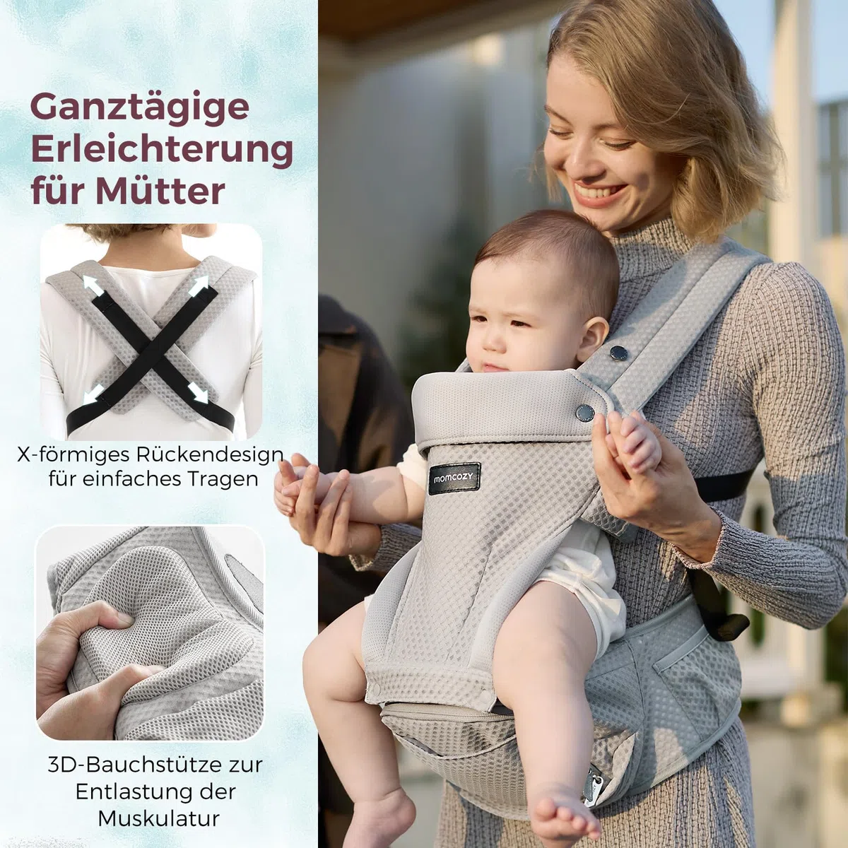 Momcozy Babytrage mit Hüftkissen, 2-in-1 verstellbare Hüfttrage bis 20kg, atmungsaktive Tragehilfe mit Lendenstütze, Grau