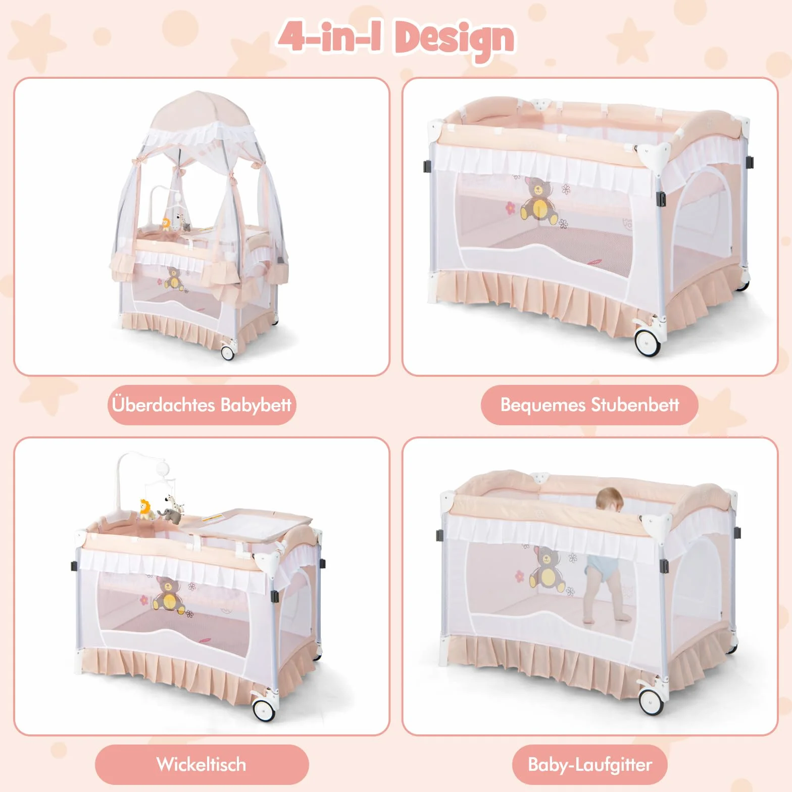 COSTWAY 4 in 1 Babybett mit abnehmbarem Baldachin, Reisebett mit Matratze, Wickelauflage, Spielbogen & Musikbox, Beistellbett mit Rollen, Kinderreisebett faltbar für 0-36 Monate Baby (Rosa)