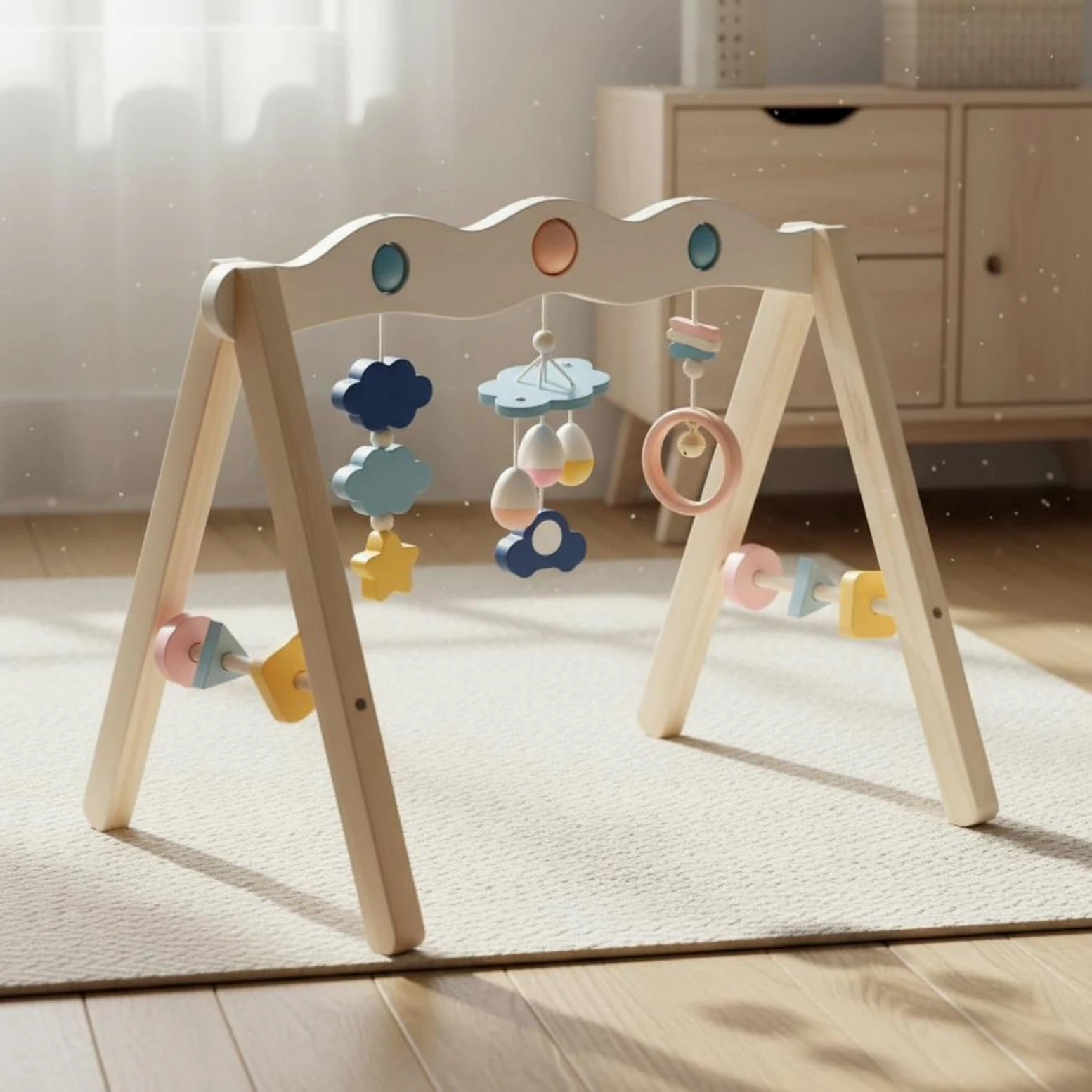 Kinder Fitnessständer Babyspielbogen Holz Spielrahmen Aktivitätsbogen Motoriktrainer mit Stabilem Buchenholz Rahmen Und Hängenden Formen Unterstützt