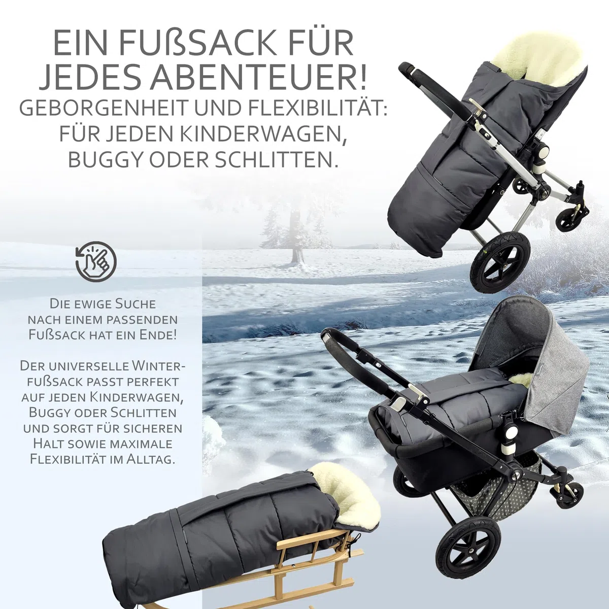 BambiniWelt by Rafael K. Winterfußsack – universaler Fußsack für Kinderwagen, Buggy & Schlitten in Mumienform – Lammwolle, größenverstellbar (90–110 cm), warm, waschbar & windabweisend (schwarz)