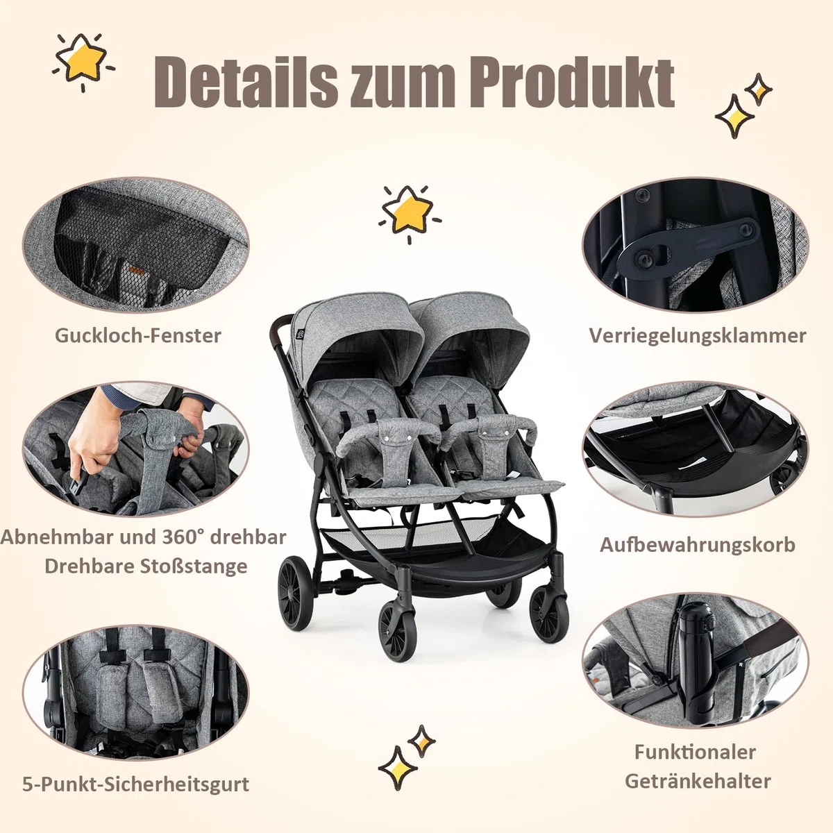 DREAMADE Geschwisterwagen, Doppelkinderwagen für 2 Kinder, Zwillingswagen Faltbar, Buggy mit Doppelsitz, Kinderwagen (Grau)