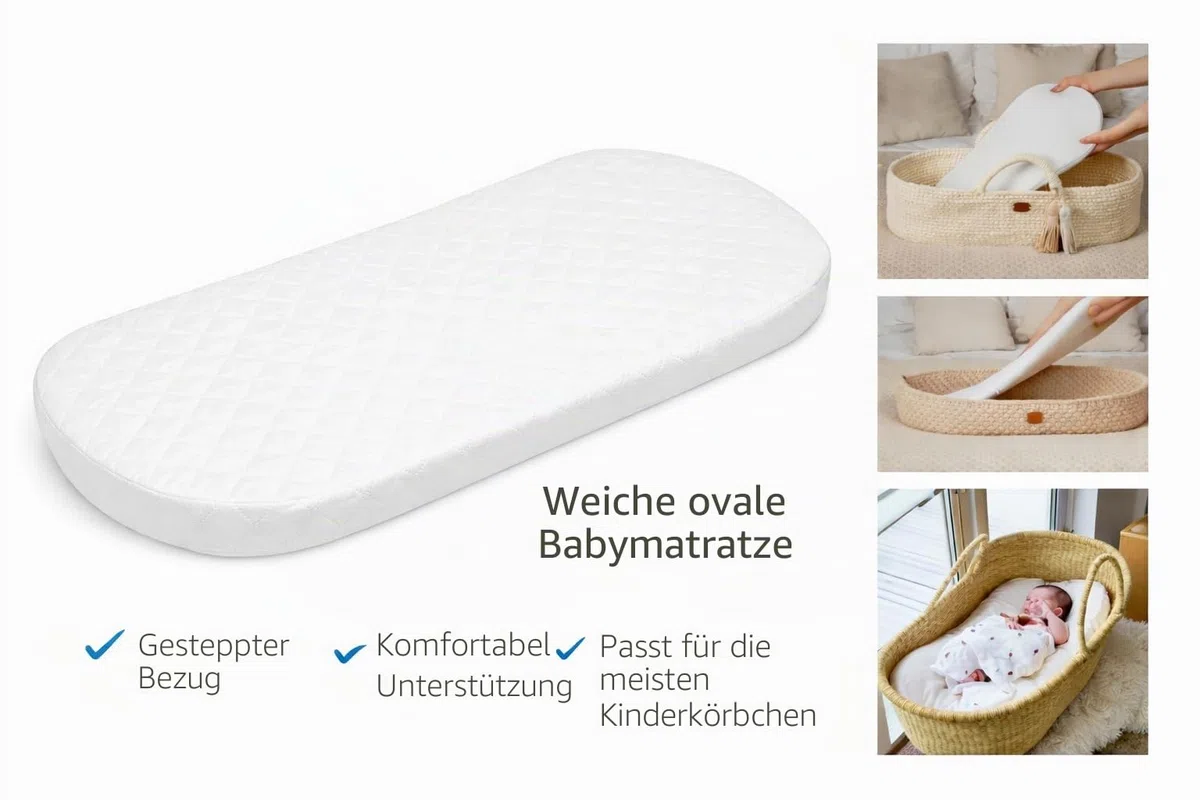 Matratze, Mikrofaser, hypoallergen, 74 x 30 x 4 cm, oval, Babyprodukt