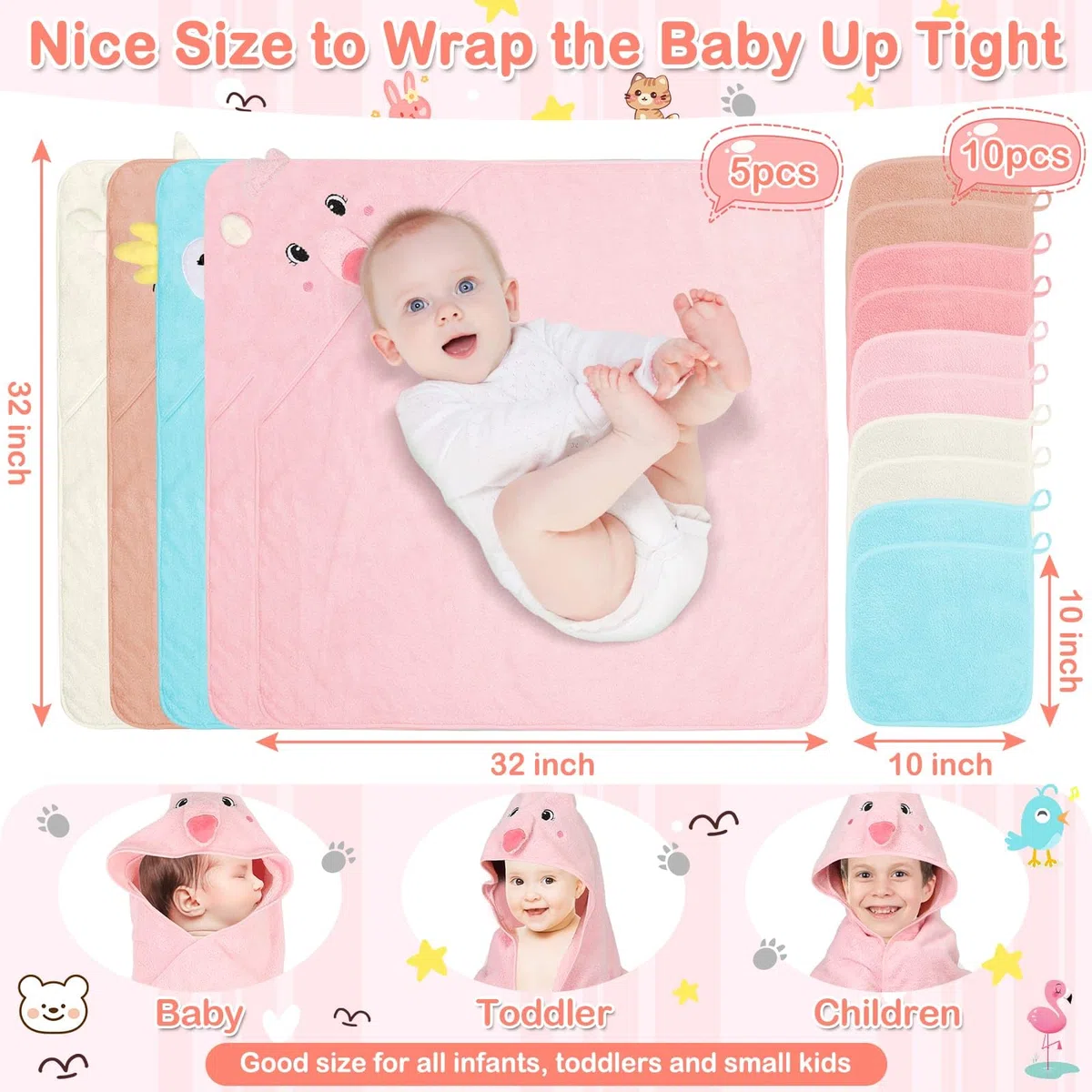 Babyhandtücher mit Kapuze, 5 Stück, weiche Baby-Badetücher mit Kapuze für Babys, 10 Stück Baby-Waschlappen für Neugeborene, Kleinkinder und Kinder, ultra saugfähig, beste Geschenke für Jungen und