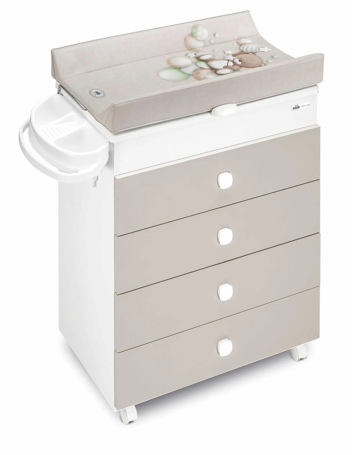 Cam Baby Mehrzweck-Wickelkommode Asia | für 0-12 Monate | Weiß Braun | inklusive Badewanne und Wickelunterlage