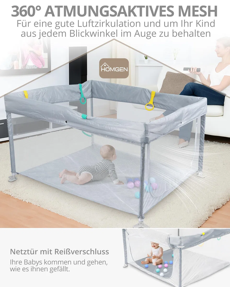 HOMGEN Laufstall Baby 120x120cm Laufgitter Faltbar Klappbares Spielgitter Tragbar Playpen Kinderlaufstall mit Abnehmbarem & Waschbarem Stoff Tasche & Spielzeug 10 Bälle 4 Griffe Für Innen/Außen