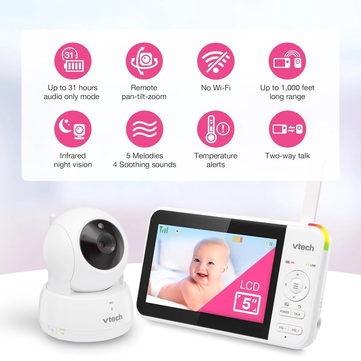 Vtech VM924 Babyphone mit Kamera 5 Zoll Video Baby Monitor, 31 Stunden Akkulaufzeit Babyfon mit Kamera 300m Reichweite HD Nachtsicht 2-Way Talk Temperatursensor