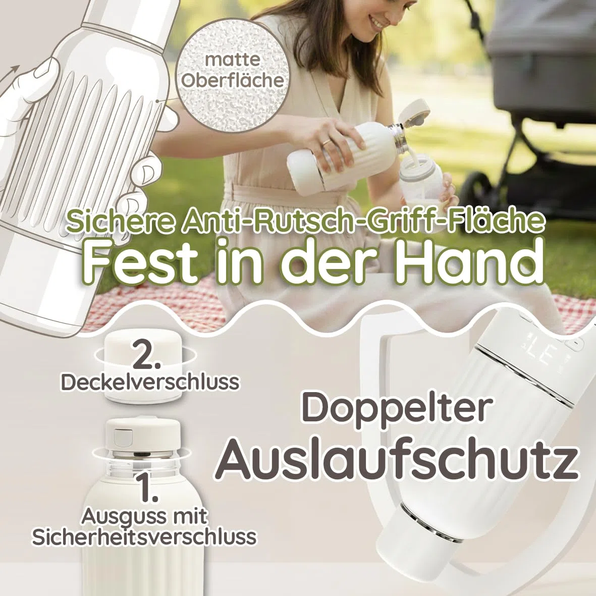 Baby Flaschenwärmer 500ml BPA frei & Sterilisation Schnellaufheizen in 3 Min tragbarer Milchwärmer & Muttermilch Erwärmer mobiler Wasserwärmer Portable Warmer mit Akku (matt weiß)