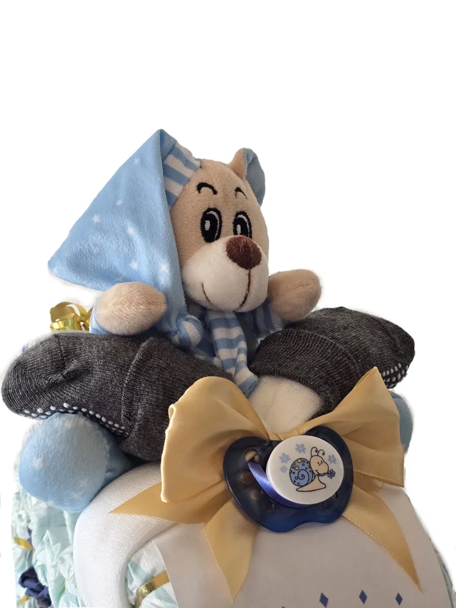 Windeltorte | Windelmotorrad Prinz mit Bär blau | Geschenk zur Geburt | Personalisiertes Windelgeschenk Junge