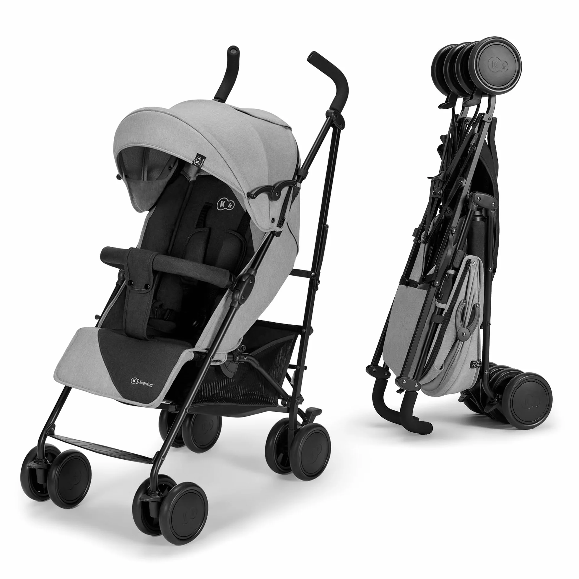 Kinderkraft Kinderwagen SIESTA, Leichte Reise Buggy, Verstellbare Rückenlehne, Liegeposition, Kleine Maße nach Zusammenklappen, Vergrößerbares Verdeck, Für ältere Kinder, bis 22 kg, Grau