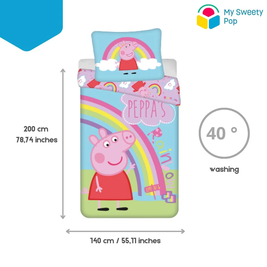 My sweety pop Baby-Bettwäsche Peppa Pig – 2-teilig – Kinder – Bettbezug – wendbar – 140 x 200 cm – Kissenbezug – 70 x 90 cm Bettwäsche – 100 % Baumwolle