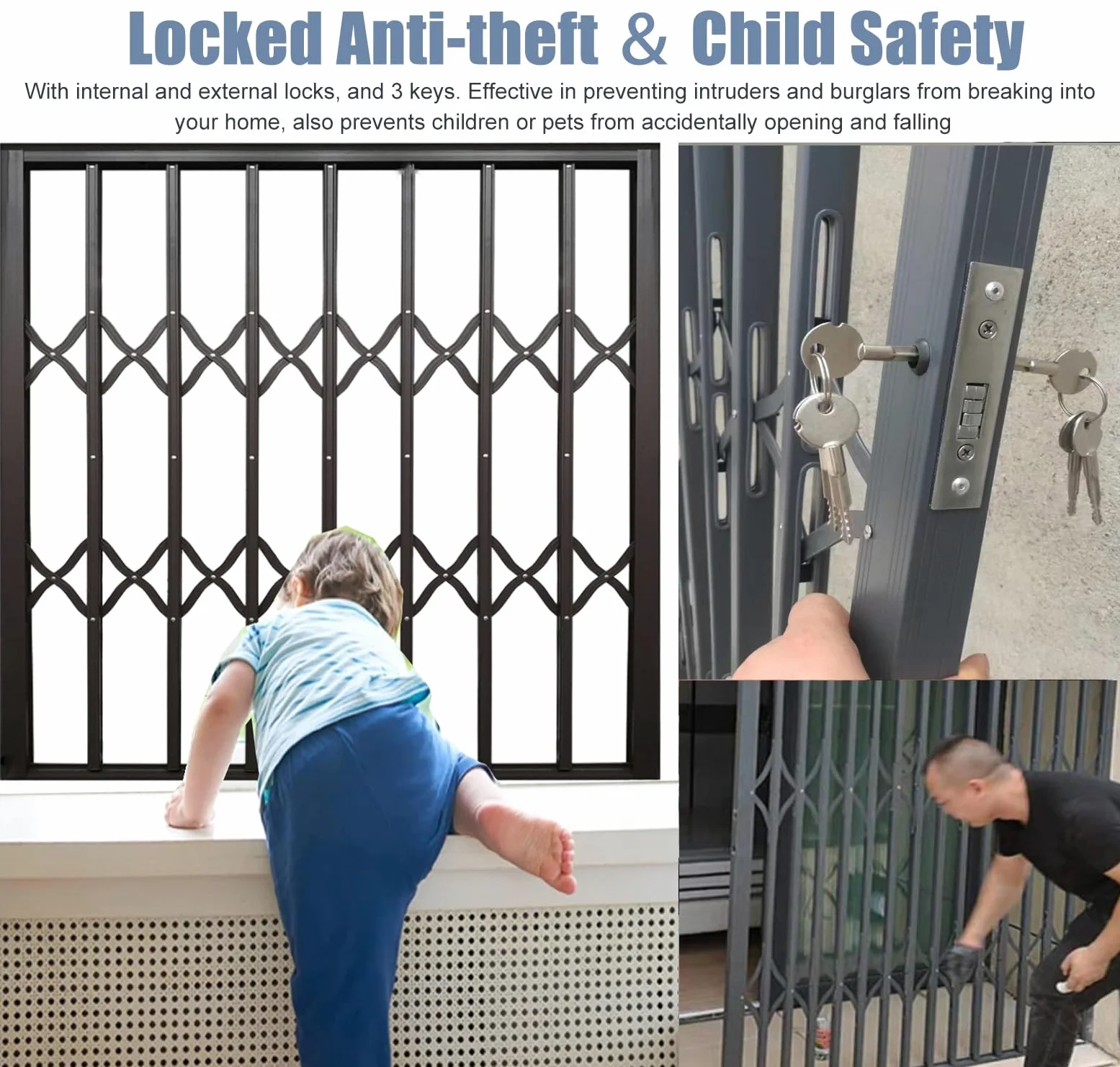 Fensterschutz für Schiebetüren, zusammenklappbar, Metall, sichere Schiene für Kinder und Haustiere, graue Fenstersicherung, ideal für Keller und Kindersicherung.