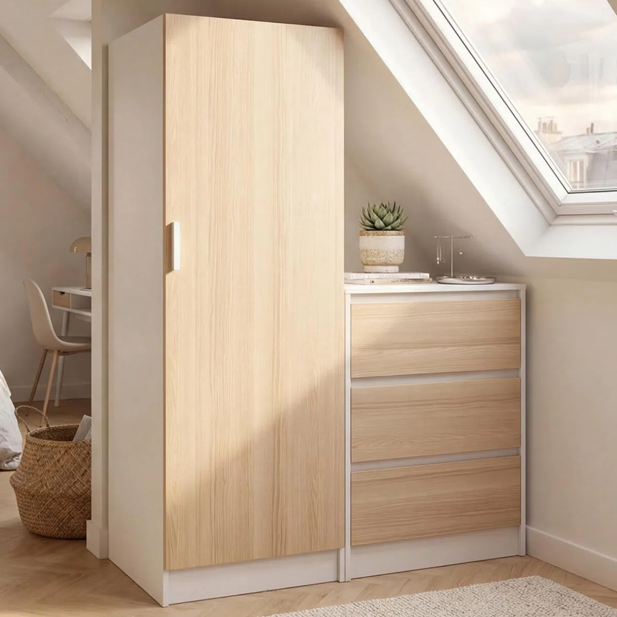 IDMarket 1-türiger Kleiderschrank Ambre mit Kommode 3 Schubladen 100 cm Buche Weiß