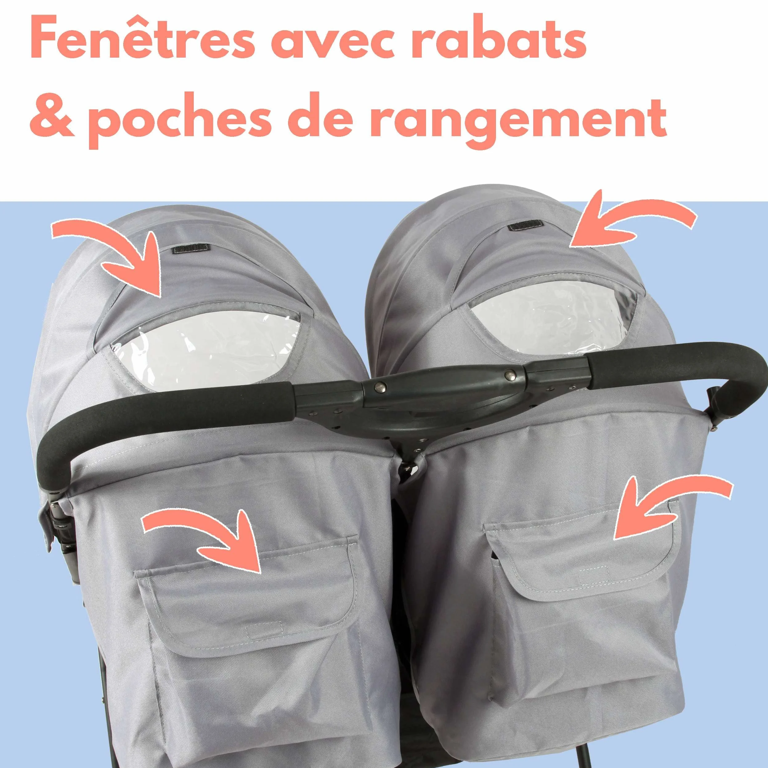 Bambisol Doppelkinderwagen nebeneinander | ideal für Zwillinge ab der Geburt mit ultra-kompaktem Zusammenklappen | Farbe Schwarz und Grau