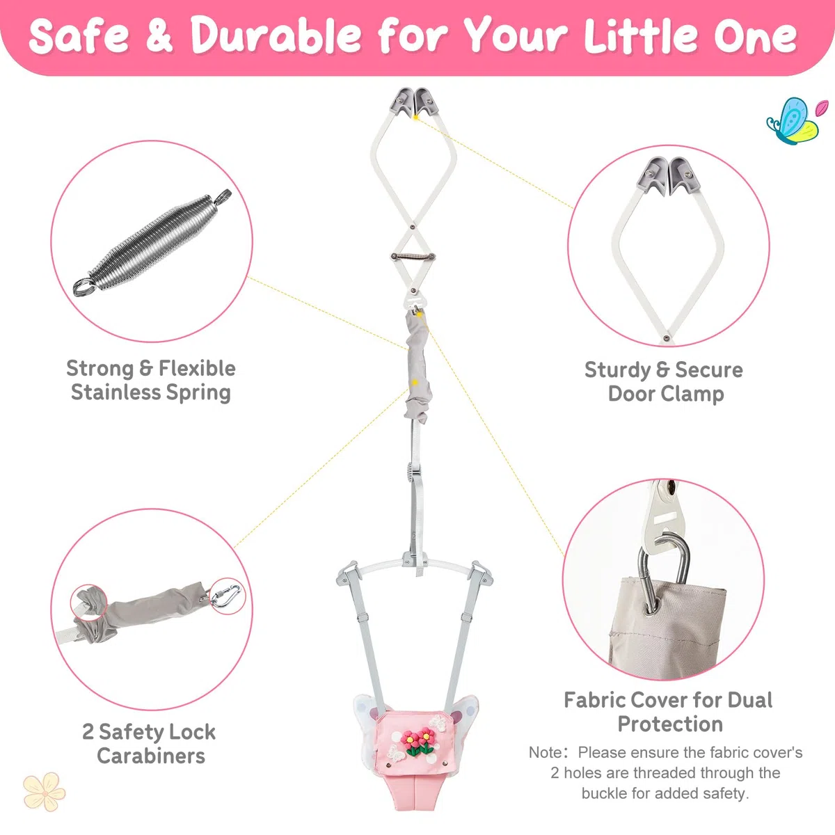 FUNLIO Baby Türhopser für 6–24 Monate (mit Türklemme), Baby Jumper mit starker Feder/verstellbarem Riemen, einfach zu montieren und zu lagern Baby Hopser, Tragfähigkeit 18 kg – Rosa Schmetterling