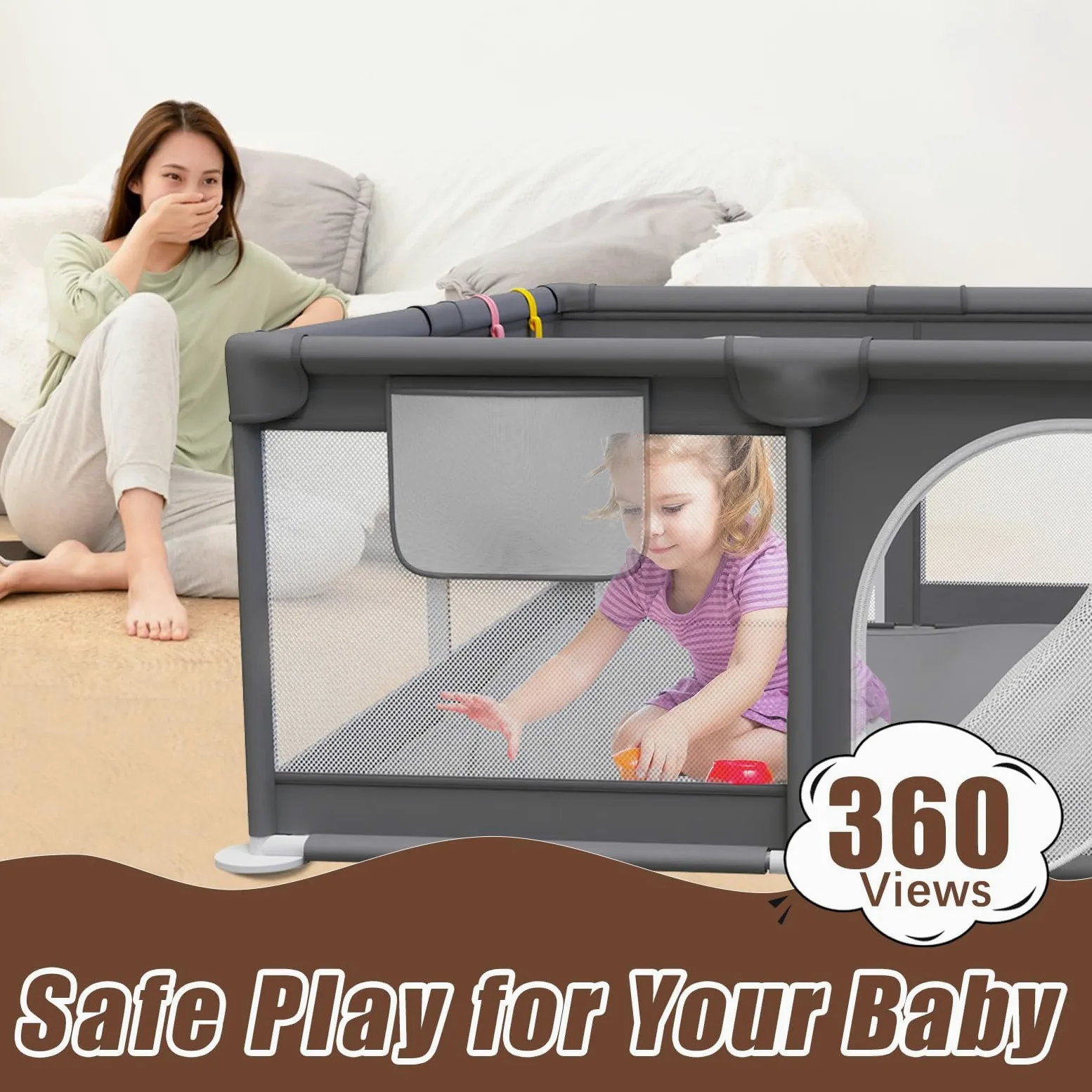 Laufstall Baby 120x120cm, Laufgitter Baby mit 2 Zugringen, Kinder Laufgitter mit Atmungsaktivem Netz und Reißverschluss für Kleinkinder, Dunkelgrau