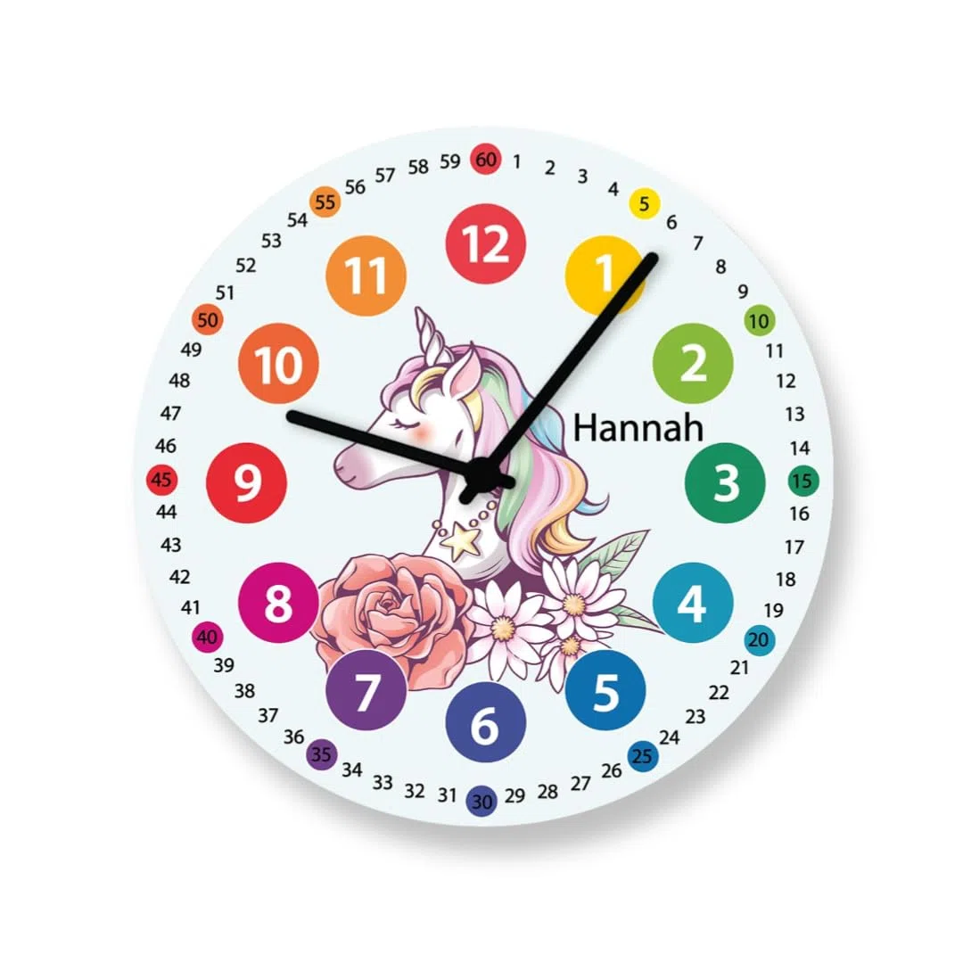 Wanduhr Einhorn Kinder Uhr Regenbogen Farben Uhrzeit lesen Lernen Schule Mädchen mit Name