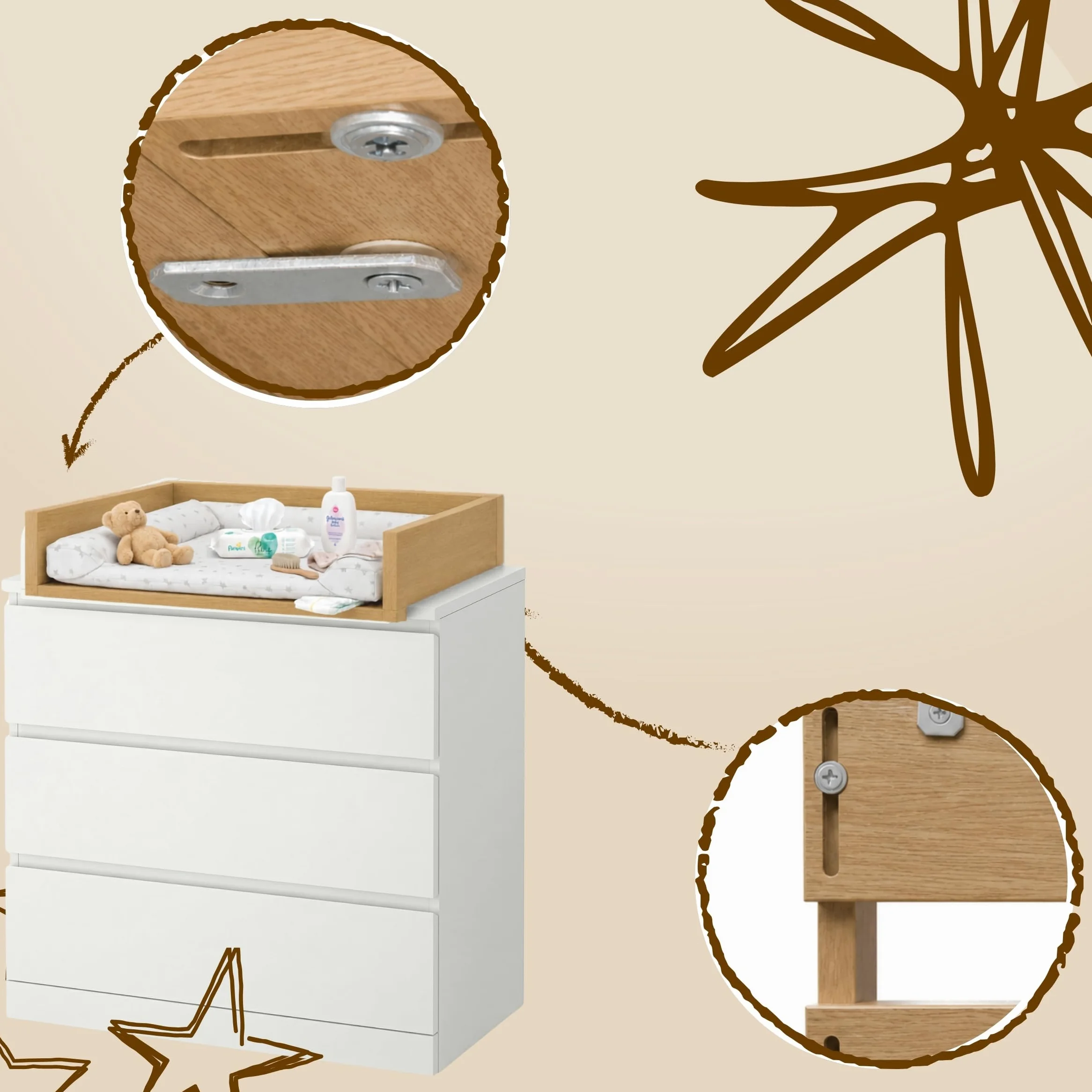 Wickeltischaufsatz, Gerade Seiten, 53,2x70 cm, Eiche | Ausziehbar verstellbar 34–50 cm für verschiedene Kommoden, Wickelkommode, Wickeltisch, Wickelaufsatz für Kommode, Wickelbrett