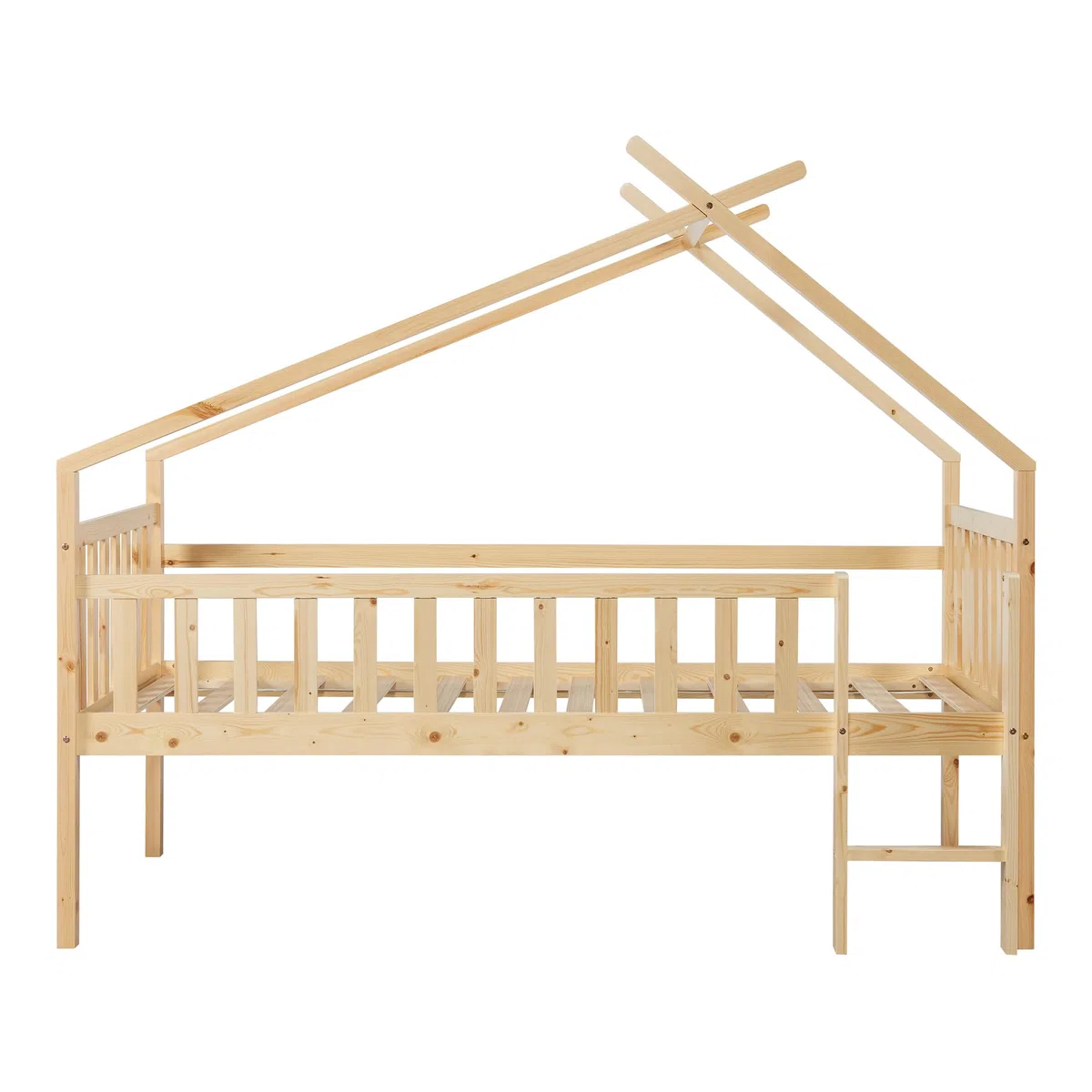 [en.casa] Kinderbett Sotkamo Hausbett 90 x 200 cm Holzbett für Kinder mit Rausfallschutz und Leiter Bettgestell aus Kiefernholz Natur