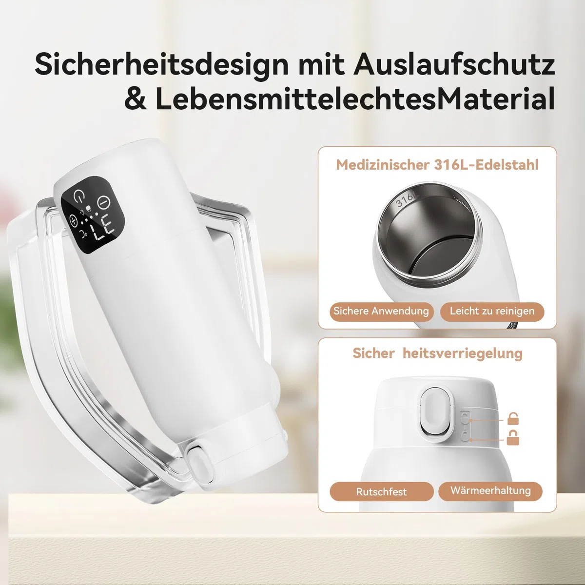 Tragbarer Babyflaschenwärmer für unterwegs – 500ml 316L Edelstahl, 3 Min Schnellheizung & Pasteurisation, 24h Dual-Temperatur (±1℃) für Muttermilch/Pre-Nahrung/Wasser