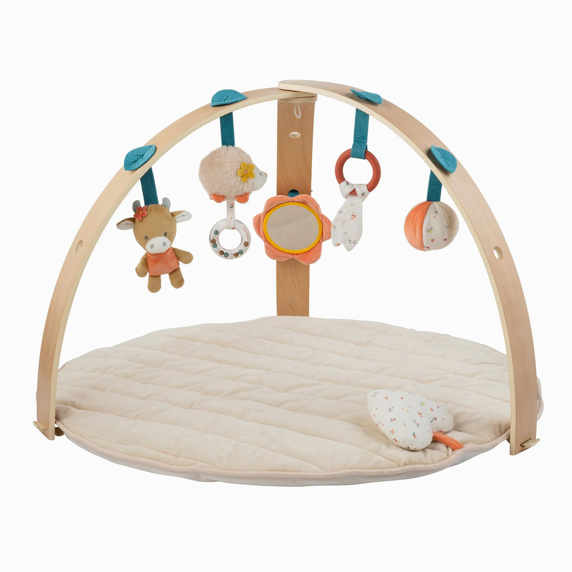 Nattou Krabbeldecke mit Holzbogen und verschiedenen Aktivitäten, Igel Zoë und Kuh Mila, Aus Baumwolle und Polyester, Ca. 80 cm, Mila, Zoë und Lana, Beige