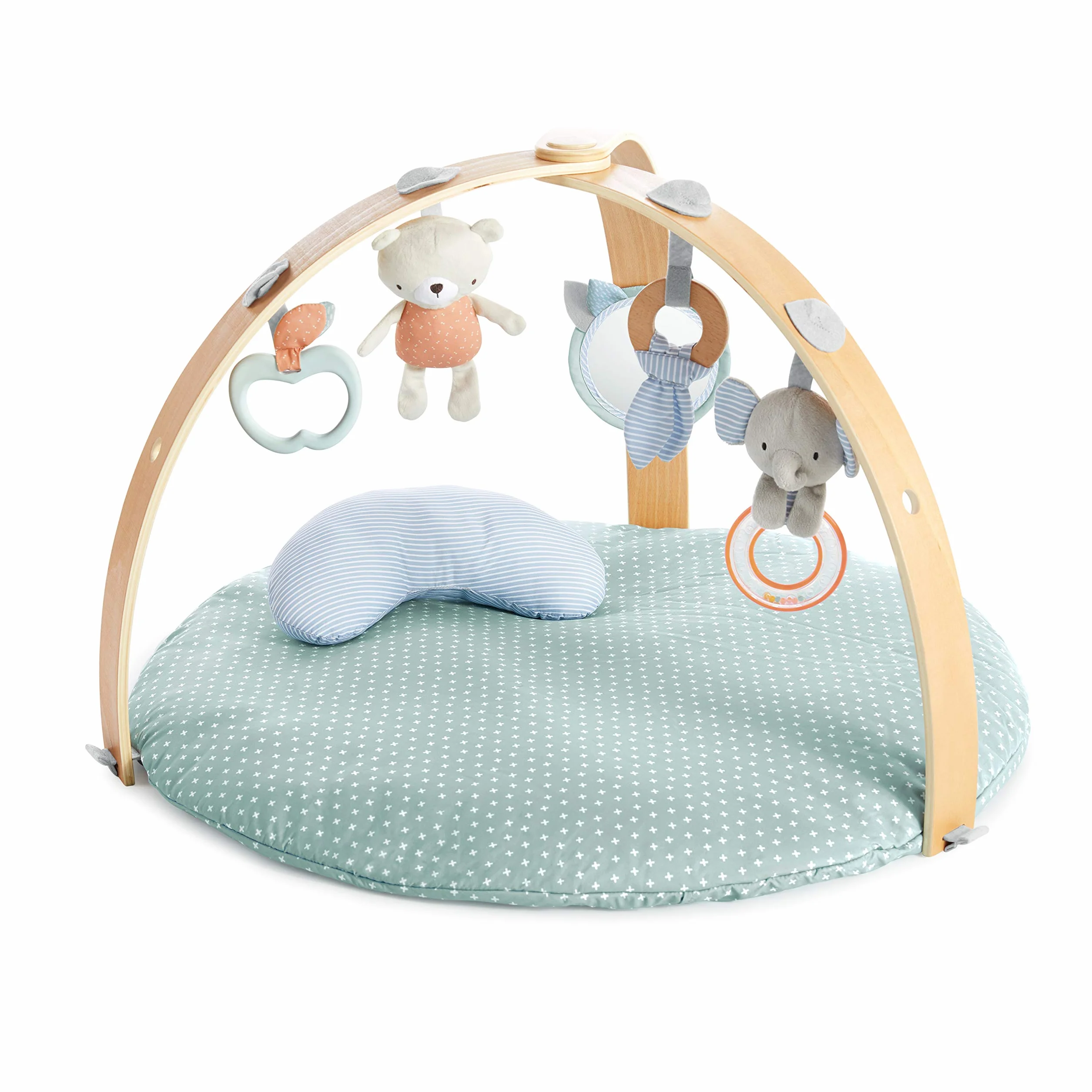 Ingenuity, Cozy Spot Loamy Spielmatte mit Spielbogen aus Holz, Spieldecke mit abnehmbaren Spielzeugen, Wendedecken, Stützkissen, extra Weich, Maschinenwaschbar, Neutral design, ab der Geburt