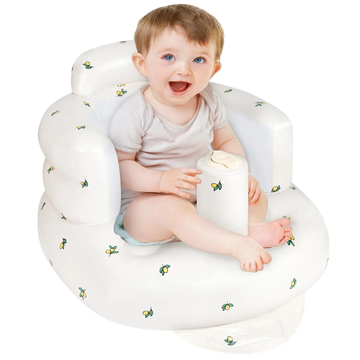 Aufblasbarer Babysitz, tragbarer aufblasbarer Babysofasitz mit eingebauter Luftpumpe, Kleinkind-Badesitz für Reisen über 3 Monate, Kleinkind-Bodensitz für Reisen, Olivenblüte