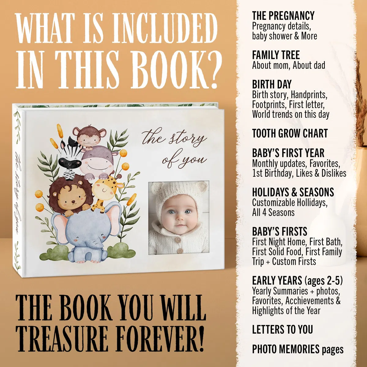 Baby-Erinnerungsbuch – "The Story of You" Erinnerungs-Tagebuch mit Fotoschlitz, Zoo-Tier-Design, Goldstift, flache Bindung, Geschenkbox – 90 farbige Seiten, 22,9 x 29,8 cm