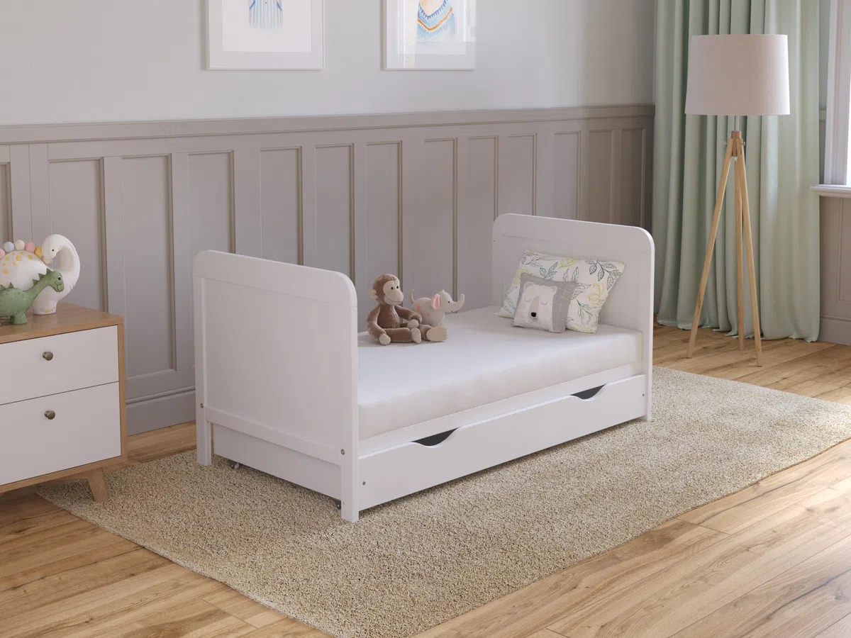Love For Sleep Babybett Beistellbett 120x60 cm mit Schublade & Matratze - Kinderbett Holz Weiß, Babybett Komplett Set Mitwachsend Gitterbett