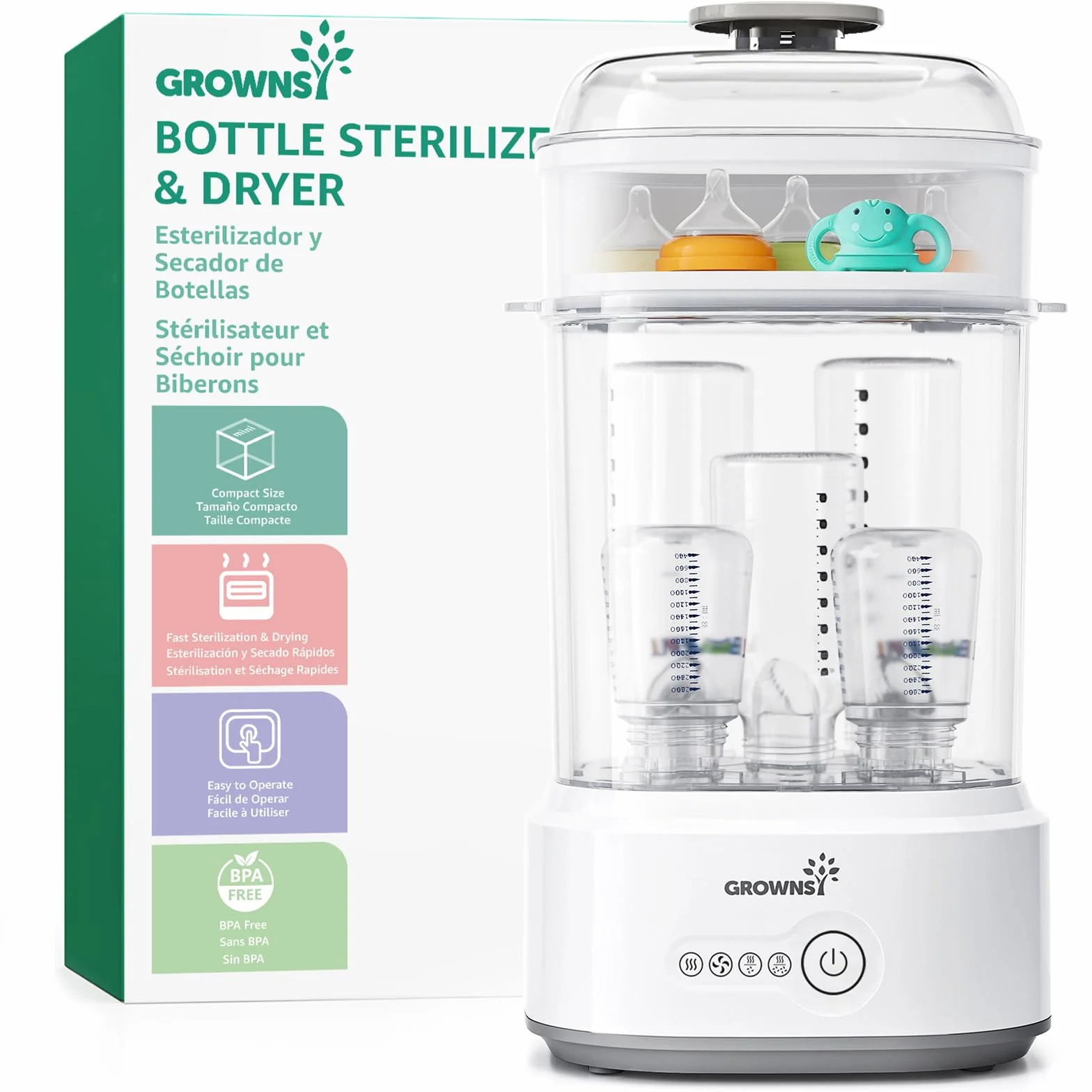Grownsy Sterilisator für Babyflaschen mit Trocknerfunktion, 5 Flaschen | Schnellsterilisation in 8 Min., kompakter 5-in-1-Dampfsterilisator für Sauger, Schnuller und Milchpumpenzubehör