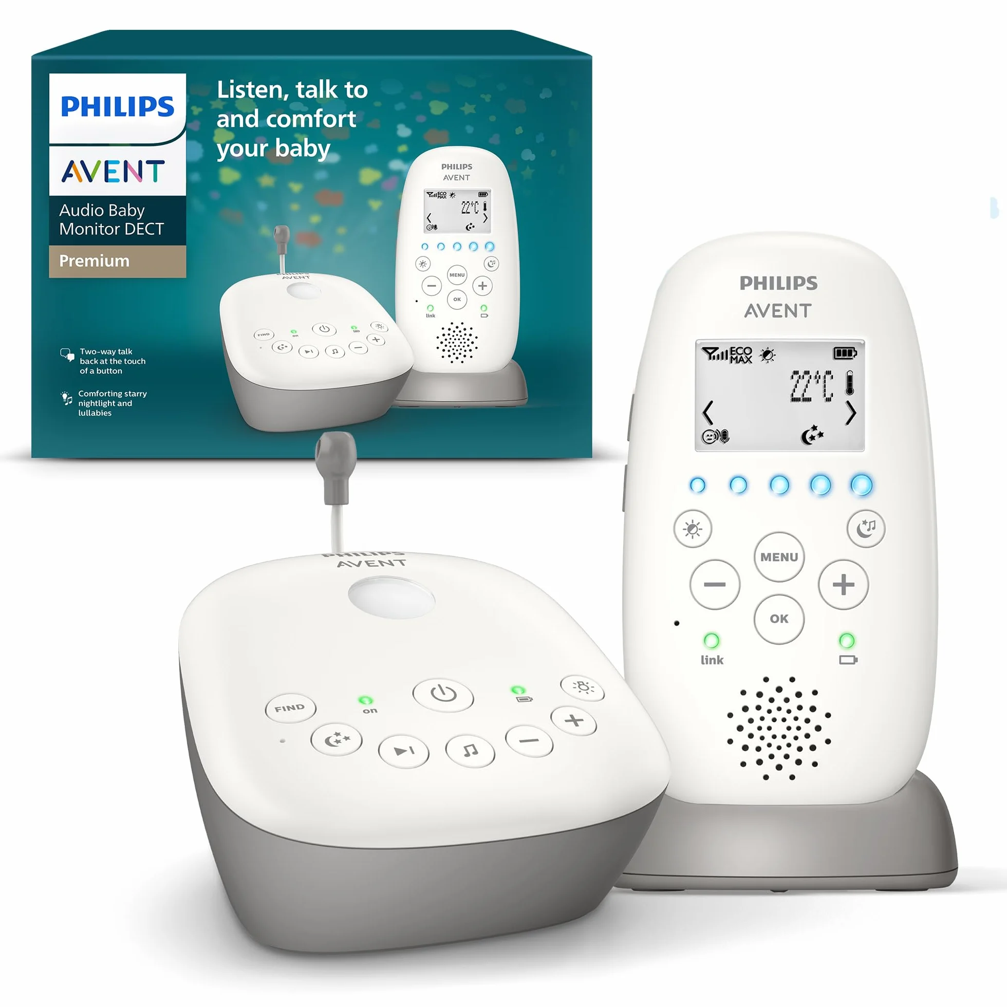 Philips AVENT Audio Babyphone, DECT-Technologie, Eco-Mode, Sternenhimmel, Gegensprechfunktion, Schlaf- und Nachtlieder, 18 Std. Laufzeit, maximale Reichweite, weiß (Modell SCD733/26)