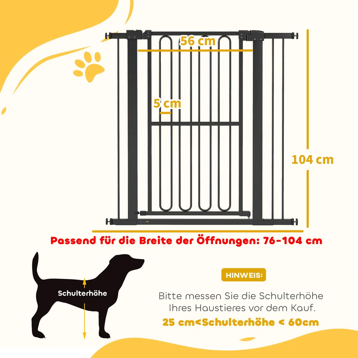 PawHut Treppenschutzgitter 104cm Türschutzgitter Absperrgitter ohne Bohren 76-104 cm Schutzgitter aus Stahl für Hunde, Haustiere Treppen, Tür, Schwarz