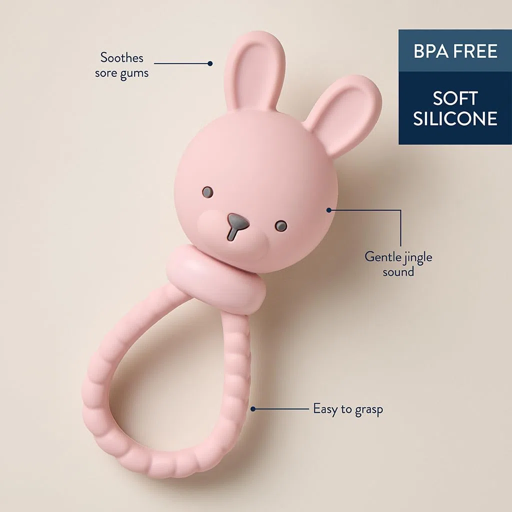 Itzy Ritzy Silikon Rassel Spielzeug – Beruhigendes Zahnen Spielzeug mit weichem Jingle Sound und einfachem Griff mit strukturiertem Griff – für Alter ab 3 Monaten (Hase)