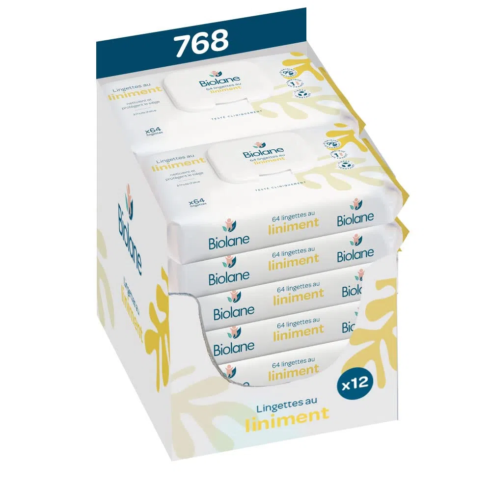 BIOLANE - Feuchttücher für Babys mit Kalksteinöl-Öl – 768 Tücher für Babys zum Wechseln – 12 Packungen mit je 64 Tüchern – ab der Geburt