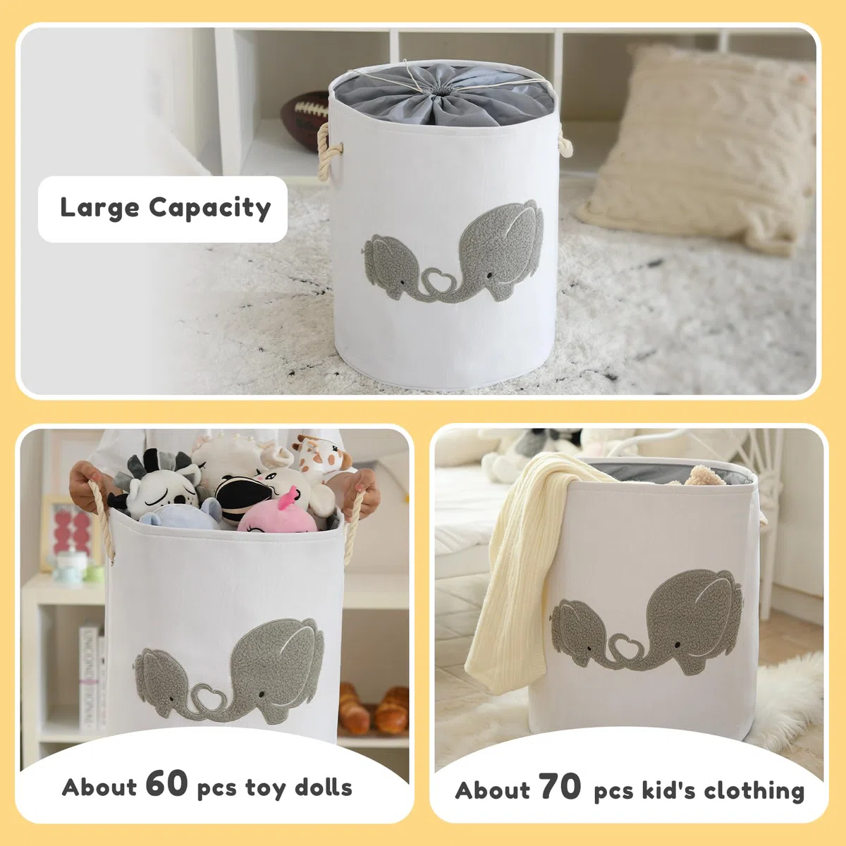 Baby Wäschekorb für Kinderzimmer, 58L Extra Großer Babywäschekorb mit Zugverschluss Aufbewahrungskörbe für Kinderspielzeug Kinderzimmer Zuhause Geschenkkorb Spielzeug Korb, (Grau)