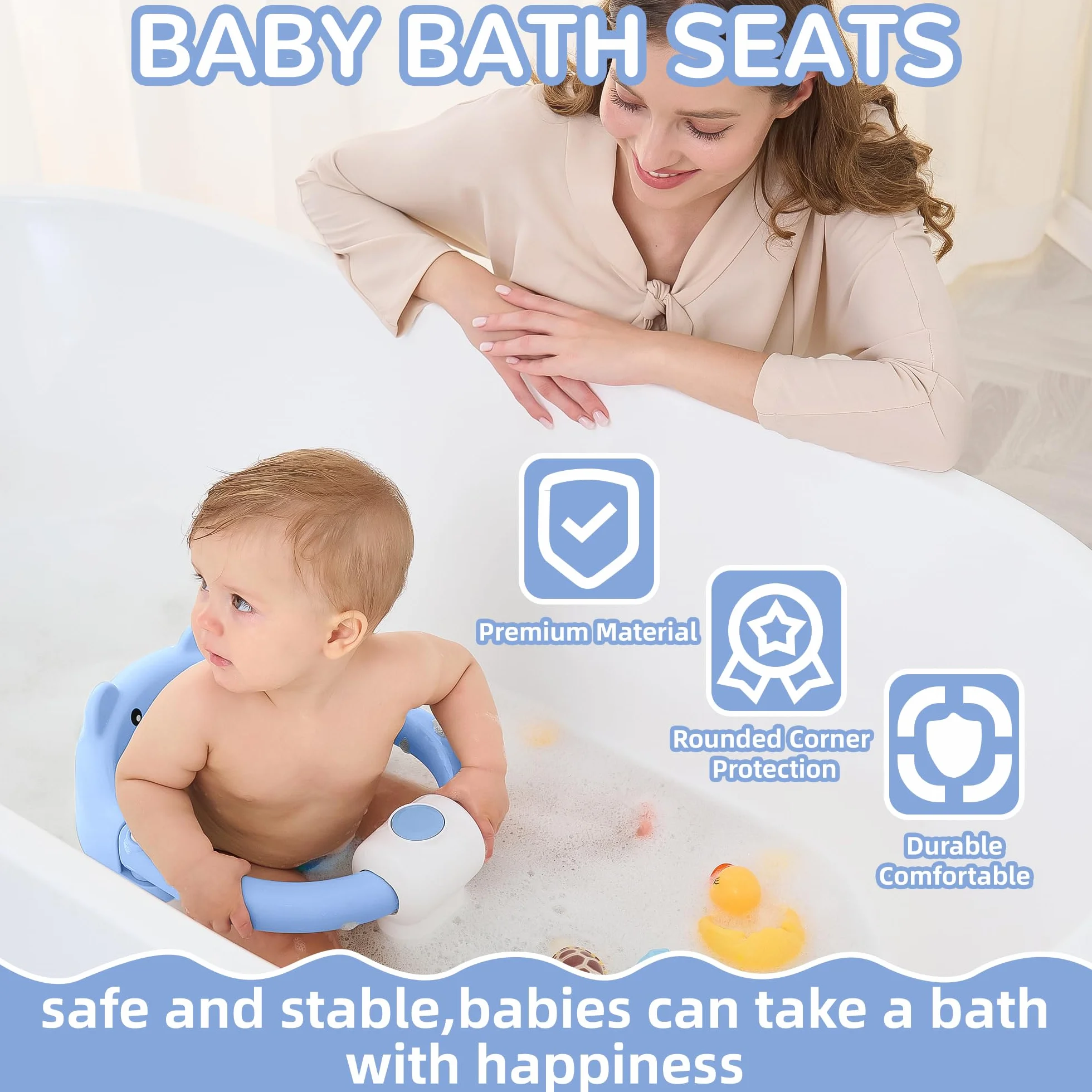Badewannensitz Baby ab 6 Monate, Bär Rutschfester Badesitz Baby mit 4 Saugnäpfen und Kissen für Kleinkinder und Neugeborene, Sicherer Tragbarer Badstuhl für Dusche oder Badewanne, Blau