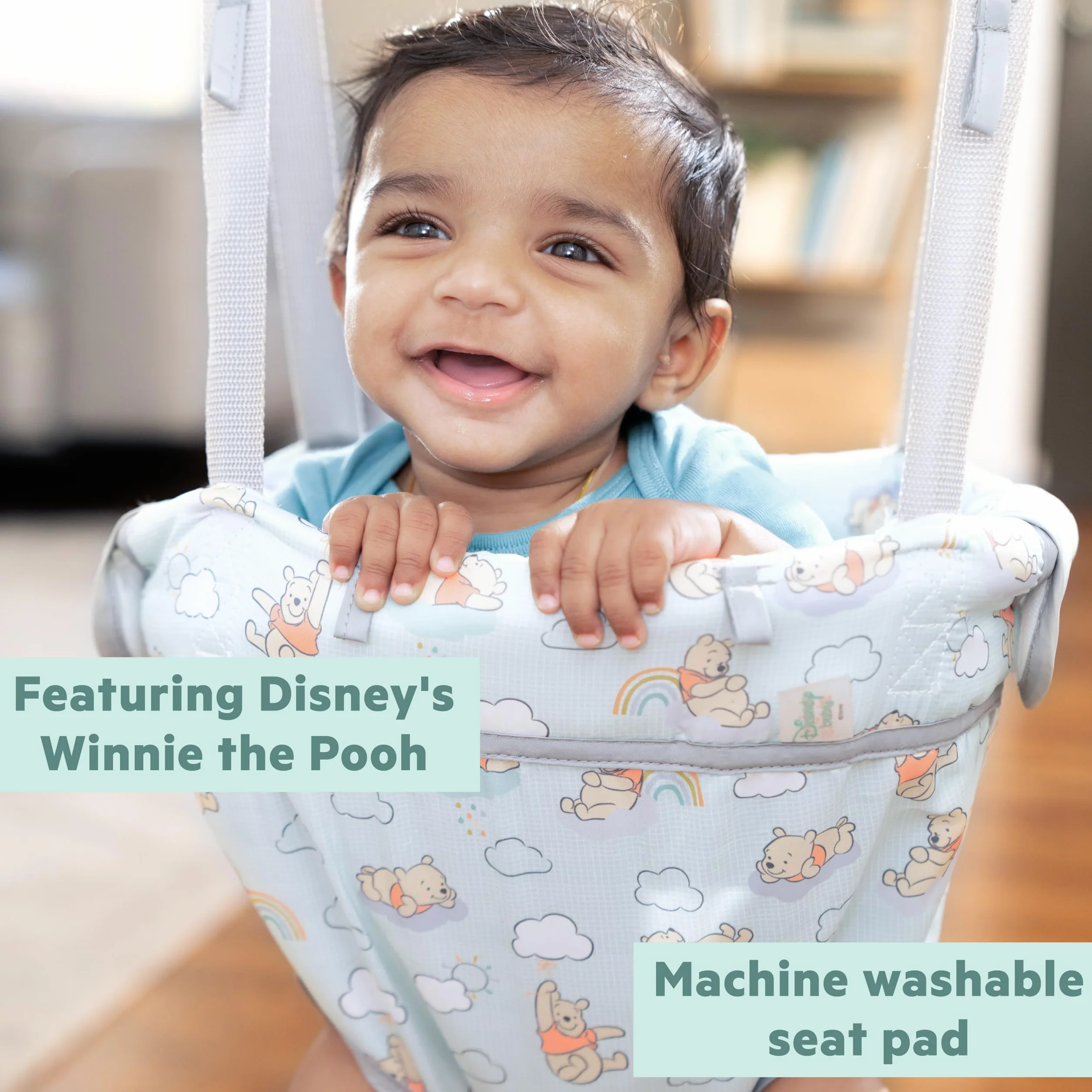Bright Starts Disney Winnie Puuh Türhopser, Baby Türschaukel für aktives Spiel, höhenverstellbar, sicherer Klemmbefestigung, werkzeugfrei, stabil & sicher, für Babys 4-12 Monate, bis 12 kg