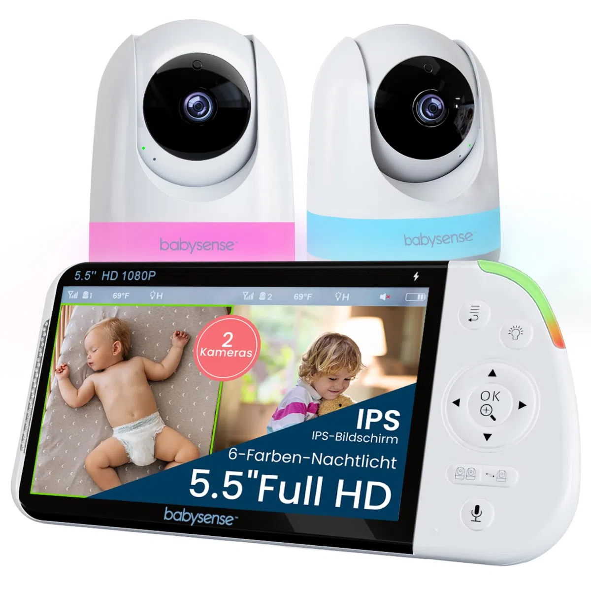 Babysense Full HD Split-Screen-Babyphone mit 2 Kameras, Nachtlicht in 6 Farben, Geräusch- & Lichtmaschine, 20-Stunden-Akku, abhörsichere Verbindung ohne WLAN