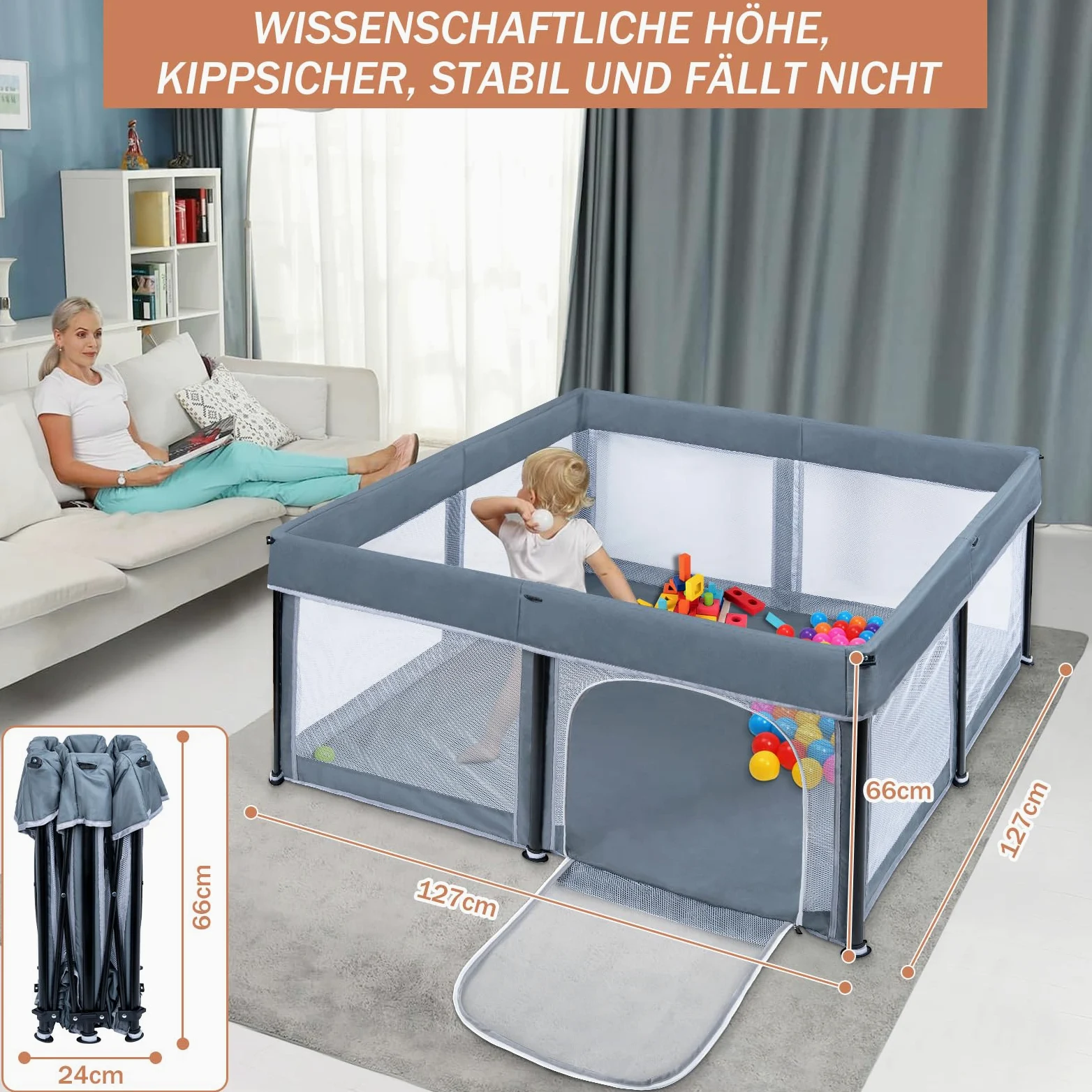 OUUTMEE Laufstall Baby Laufgitter 127 x 127 cm Faltbarer Baby-Spielzaun, 150D Oxford Indoor- und Outdoor-Spielzaun mit Aufbewahrungstasche, Playpen (Dunkelgrau)