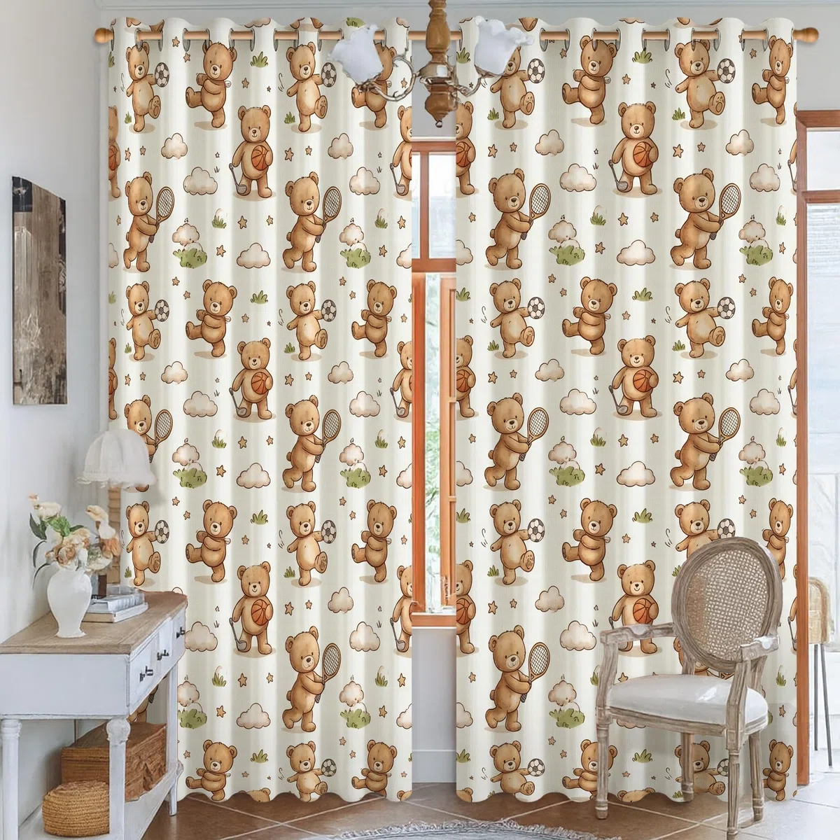 Teddybär-Verdunkelungsvorhänge, verspielte Fantasie, Wolkenstern, Frühling, Beige, maschinenwaschbar, Fensterpaneele für Wohnzimmer, Zuhause, Büro, Fensterdekoration, 132 x 213 cm